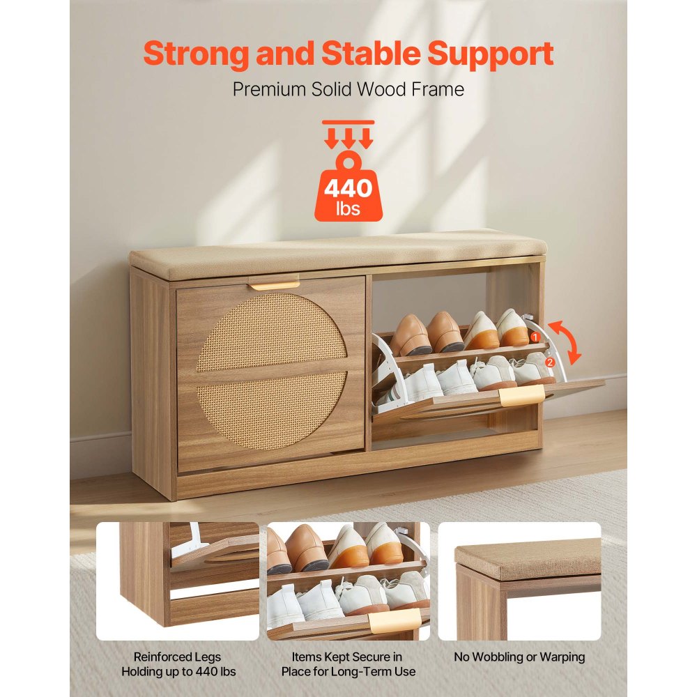 VEVOR Panca Portascarpe 988 x 240 x 500 mm, Panca d'Ingresso Scarpiera Stile Rattan, Scarpiera con Cuscini 4 Scomparti Ante in Rattan Capacità di Carico 200 kg, per Ingresso, Corridoio