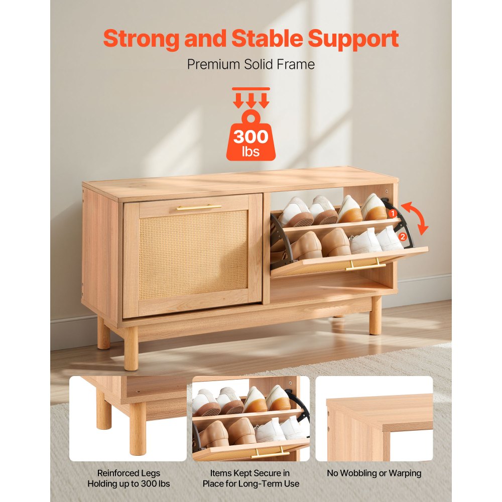 VEVOR Panca Portascarpe da Ingresso, Scarpiera con Panca Portascarpe 100x30x53 cm, Contenitore con 2 Cassetti, Scarpiera da 136 kg, 4 Scomparti e 2 Ante in Rattan, per Corridoio, Soggiorno