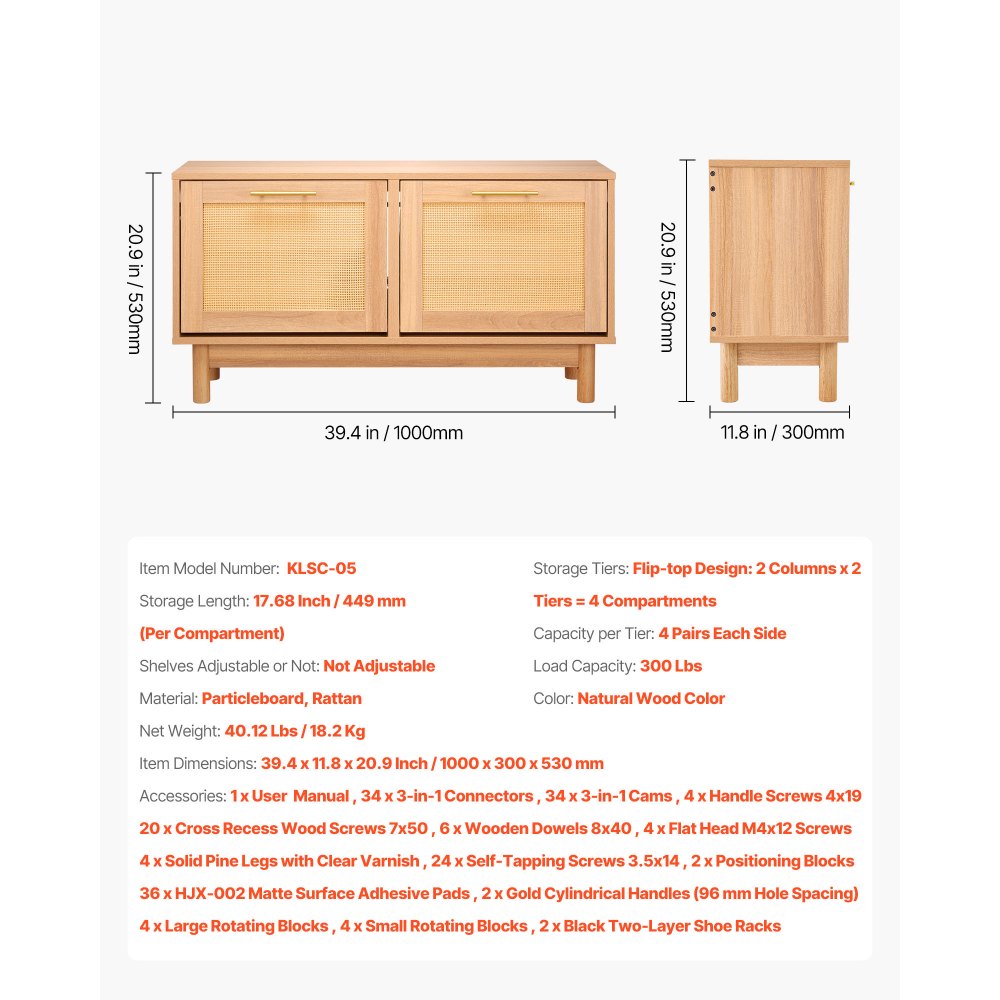 VEVOR Panca Portascarpe da Ingresso, Scarpiera con Panca Portascarpe 100x30x53 cm, Contenitore con 2 Cassetti, Scarpiera da 136 kg, 4 Scomparti e 2 Ante in Rattan, per Corridoio, Soggiorno