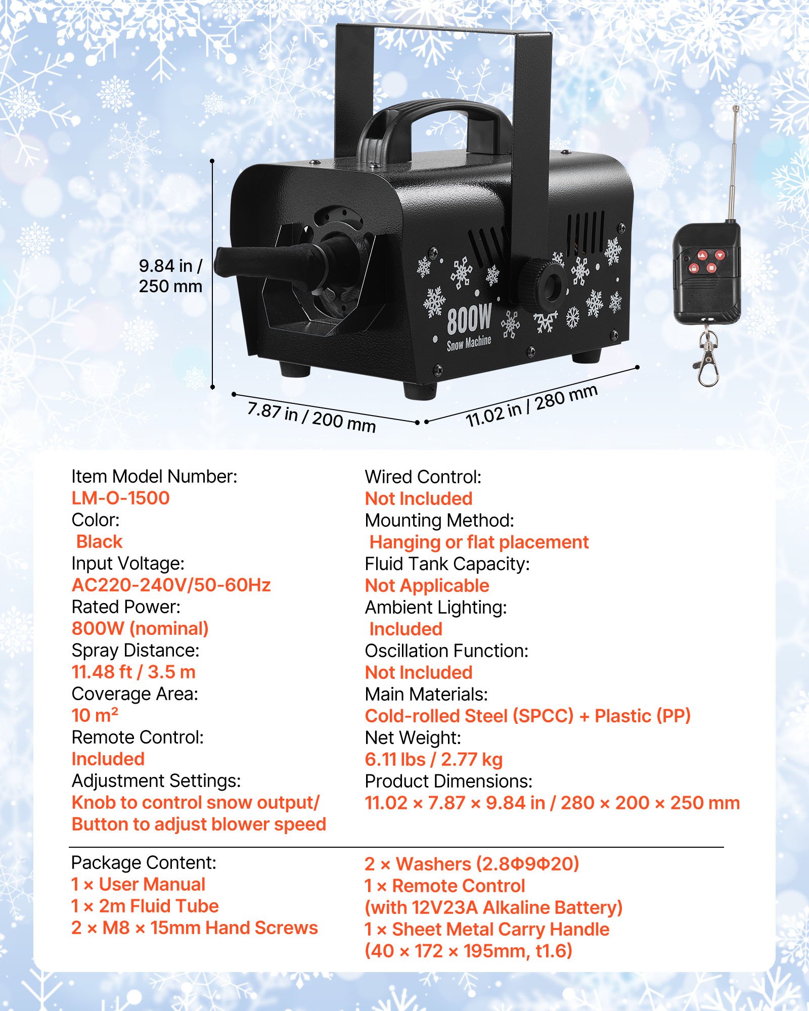 VEVOR Macchina per Neve Artificiale, Macchina per Neve Artificiale Portatile/Sospesa da 1500 W, Produzione di Fiocchi di Neve con Maniglia Portatile, Esterno e Interno per Feste, Decorazioni