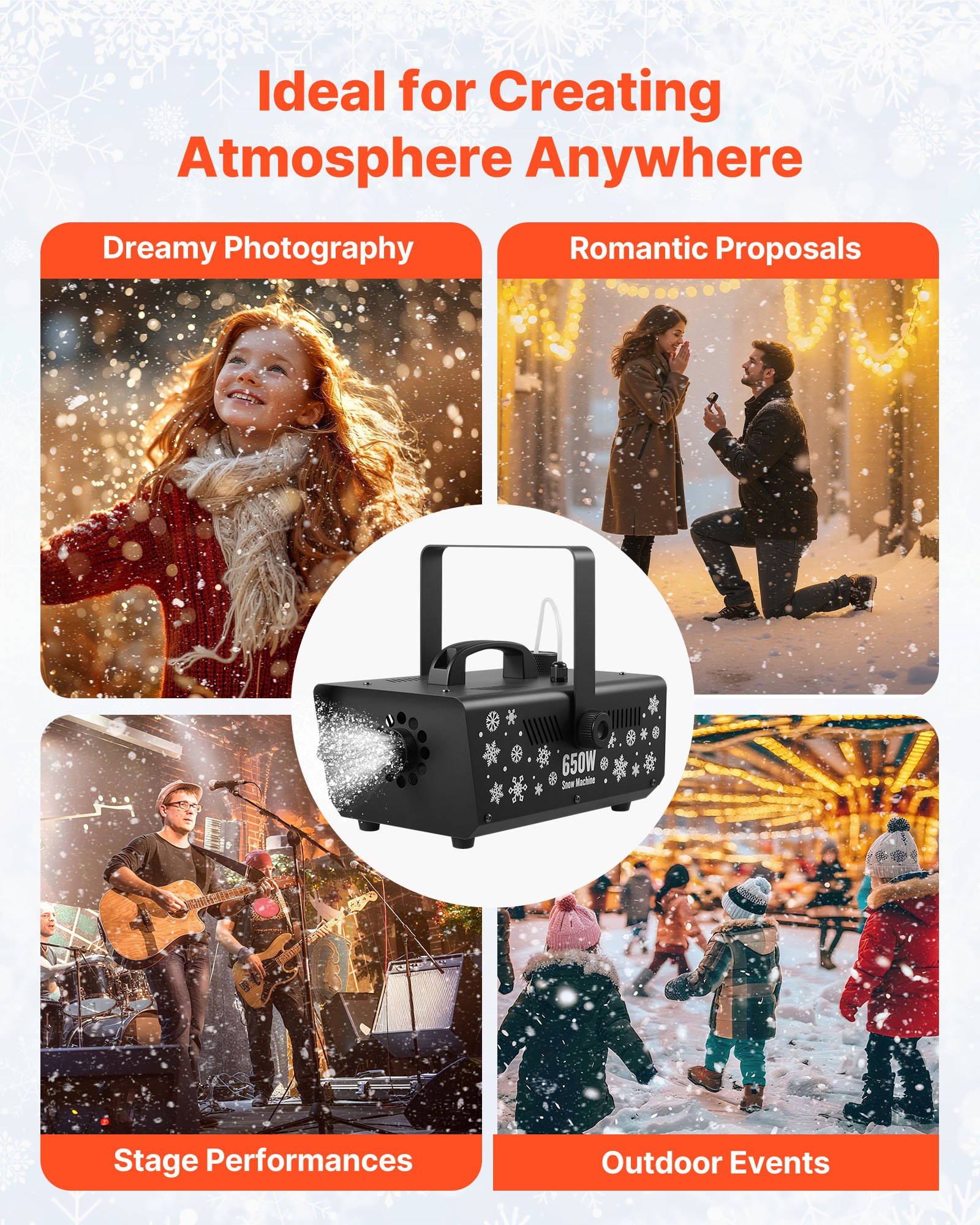 VEVOR Snow Machine, Powerful 650W Handheld/Hanging Fake Snow Maker, Snowflake Making Machine with Portable Handle, Outdoor & Indoor Artificial Snowflake Maker for Holidays DJ Parties Christmas Decor