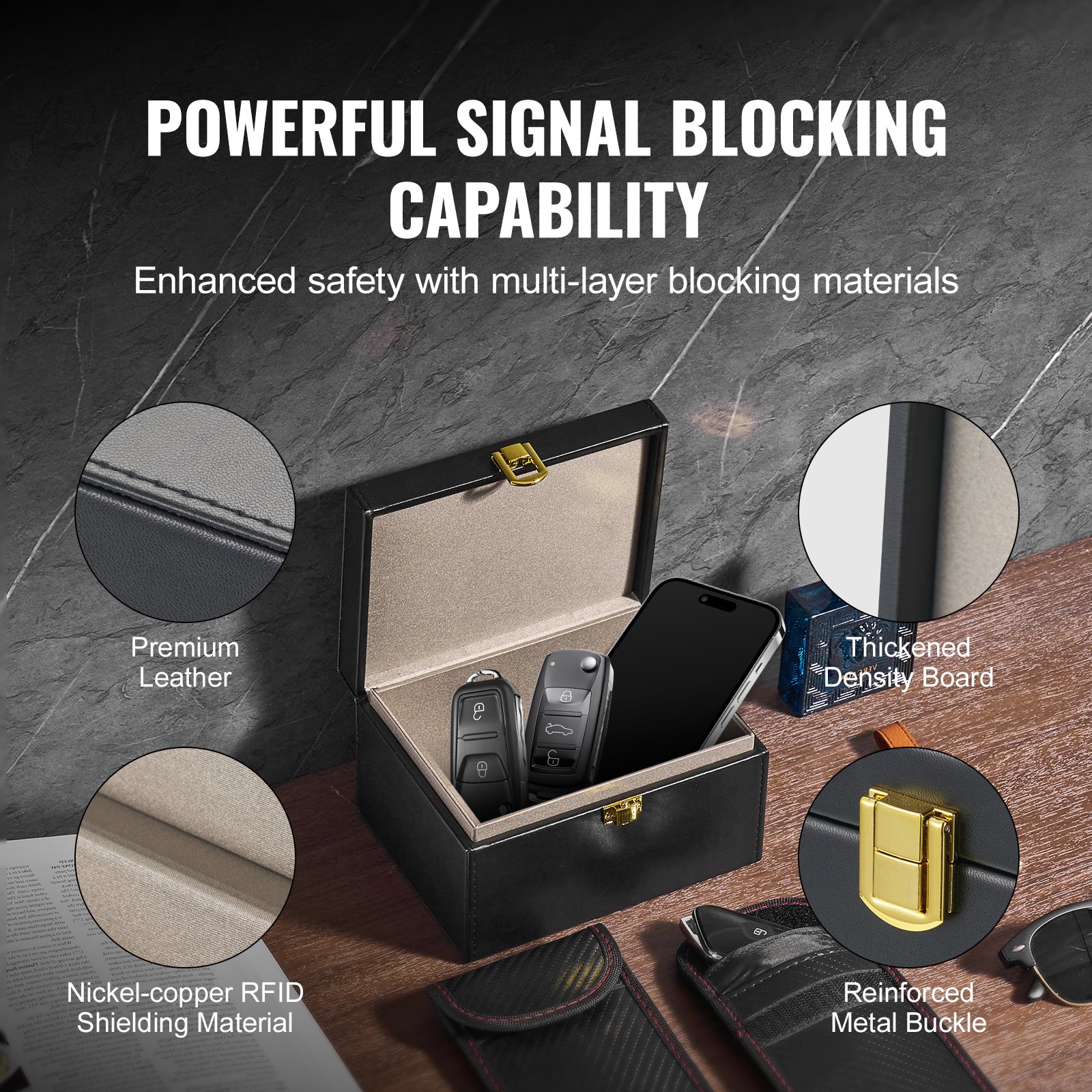 VEVOR Scatola di Faraday 160 x 130 x 93 mm Scatola di Blocco Segnale in Pelle PU Scudo Protettivo per Portachiavi Senza Chiave con 2 Tasche per Chiavi, per WiFi RFID GPS 5G, Scatola Antifurto, Nero