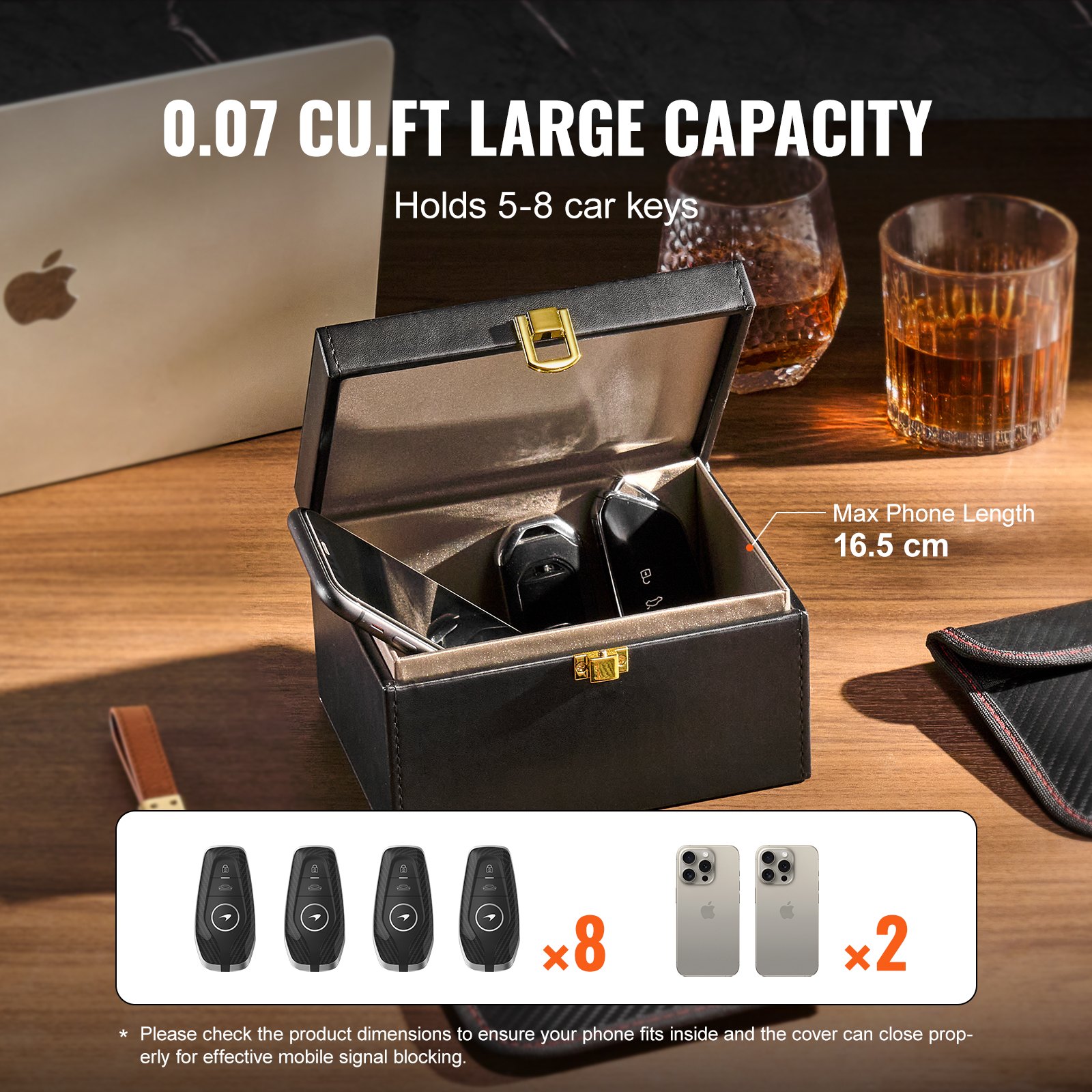 VEVOR Scatola di Faraday 160 x 130 x 93 mm Scatola di Blocco Segnale in Pelle PU Scudo Protettivo per Portachiavi Senza Chiave con 2 Tasche per Chiavi, per WiFi RFID GPS 5G, Scatola Antifurto, Nero