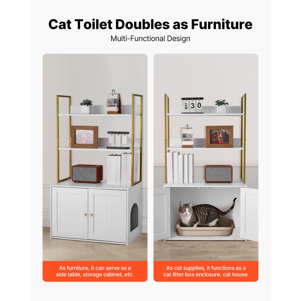 VEVOR Cat Litter Box Enclosure Furniture, 70 cm Hidden Litter Box Cabinet with Metal Legs & 2-Tier Storage Shelves, Waterproof Cat Washroom Cat House, Fit Most of Litterbox, for Living Room