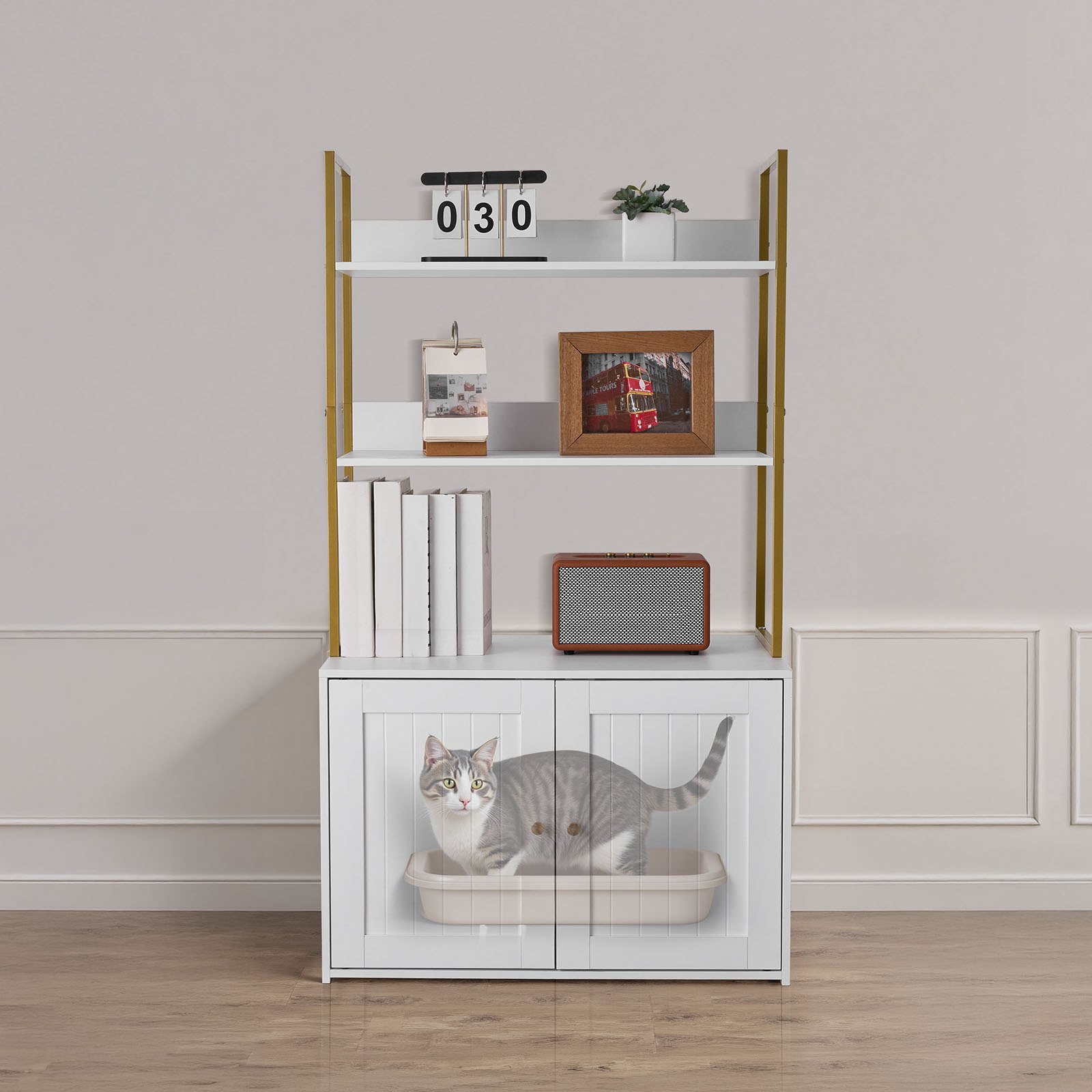 VEVOR Cat Litter Box Enclosure Furniture, 70 cm Hidden Litter Box Cabinet with Metal Legs & 2-Tier Storage Shelves, Waterproof Cat Washroom Cat House, Fit Most of Litterbox, for Living Room