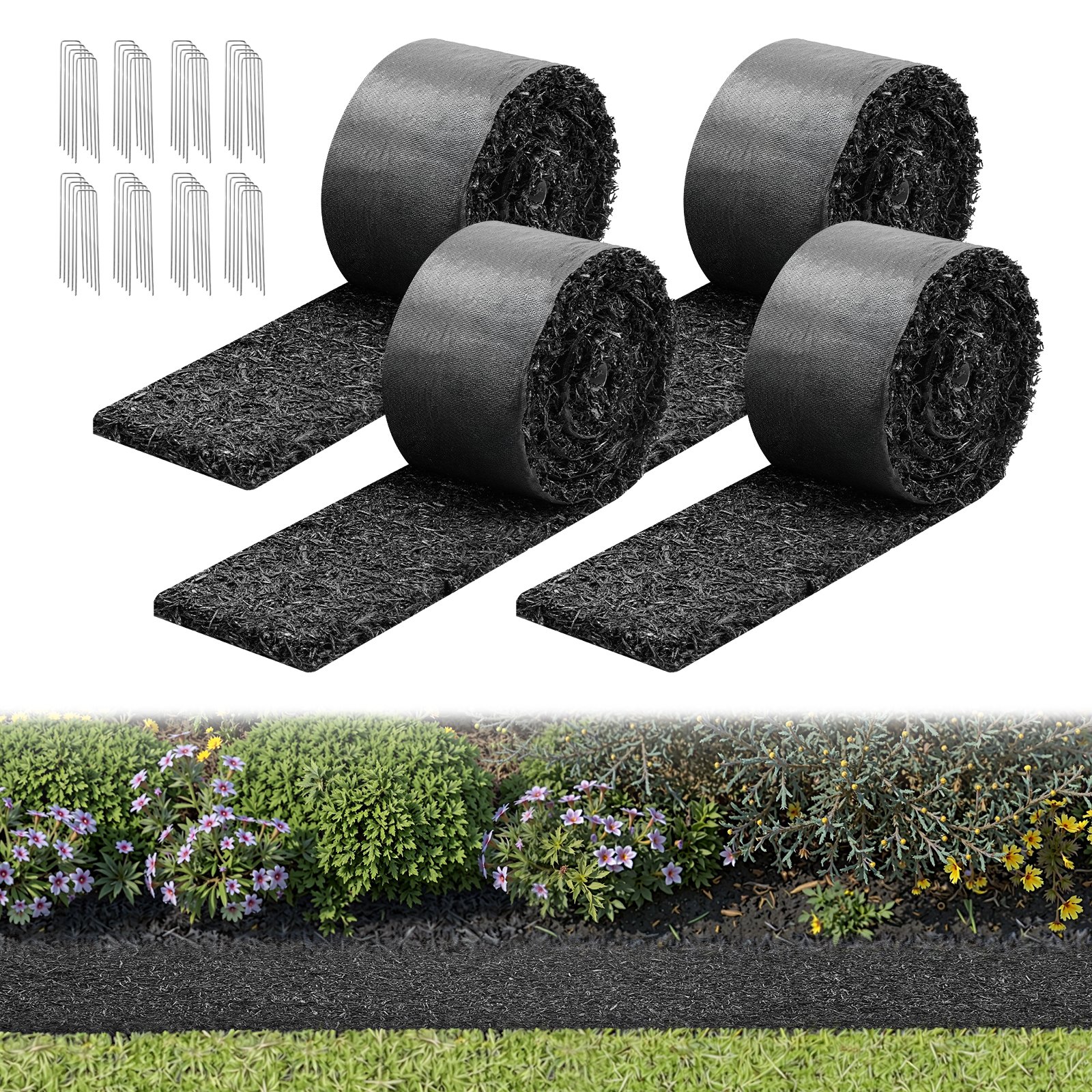 VEVOR Telo Pacciamatura Antierbacce per Orto Giardino 4 Rotoli da 3050 x 115 x 13 mm, Bordatura Permanente in Gomma, Barriera per Fiori dall'Aspetto Naturale con Picchetti, Nero