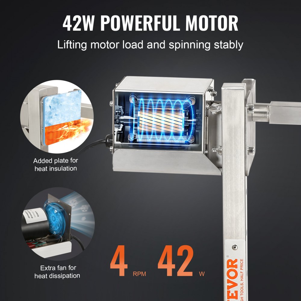 VEVOR Girarrosto Spiedo BBQ 42W in Acciaio Inox Elettrico Capienza Max. 41 kg per Maiale Agnello Altezza Regolabile 40,5-79 cm, Kit di Girarrosto Spiedo per BBQ Festa Evento Esterno Lunghezza 117 cm