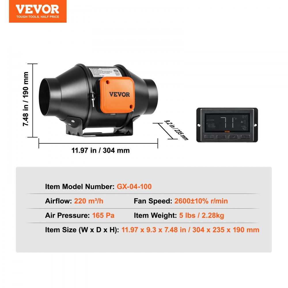 VEVOR Ventilatore Estrazione Condotto in Linea 10 cm HVAC EC Velocità Regolabile, Ventola di Aspirazione a Condotto in Linea Potenza Nominale 25 W 2900 giri/min Rumore a 28 dB, Ventola Estrazione Aria