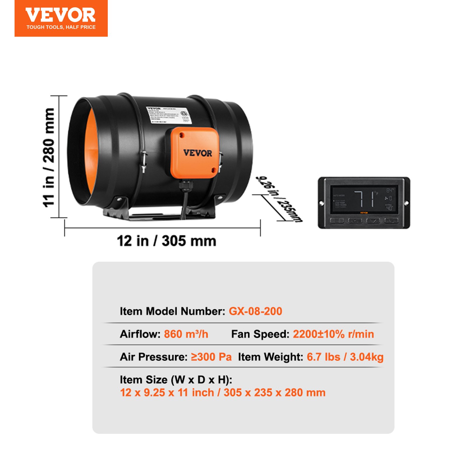 VEVOR Ventilatore Estrazione Condotto in Linea 20cm HVAC EC Velocità Regolabile, Ventola di Aspirazione a Condotto in Linea Potenza Nominale 68W 3000 giri/min Rumore a 39 dB, Ventola Estrazione Aria