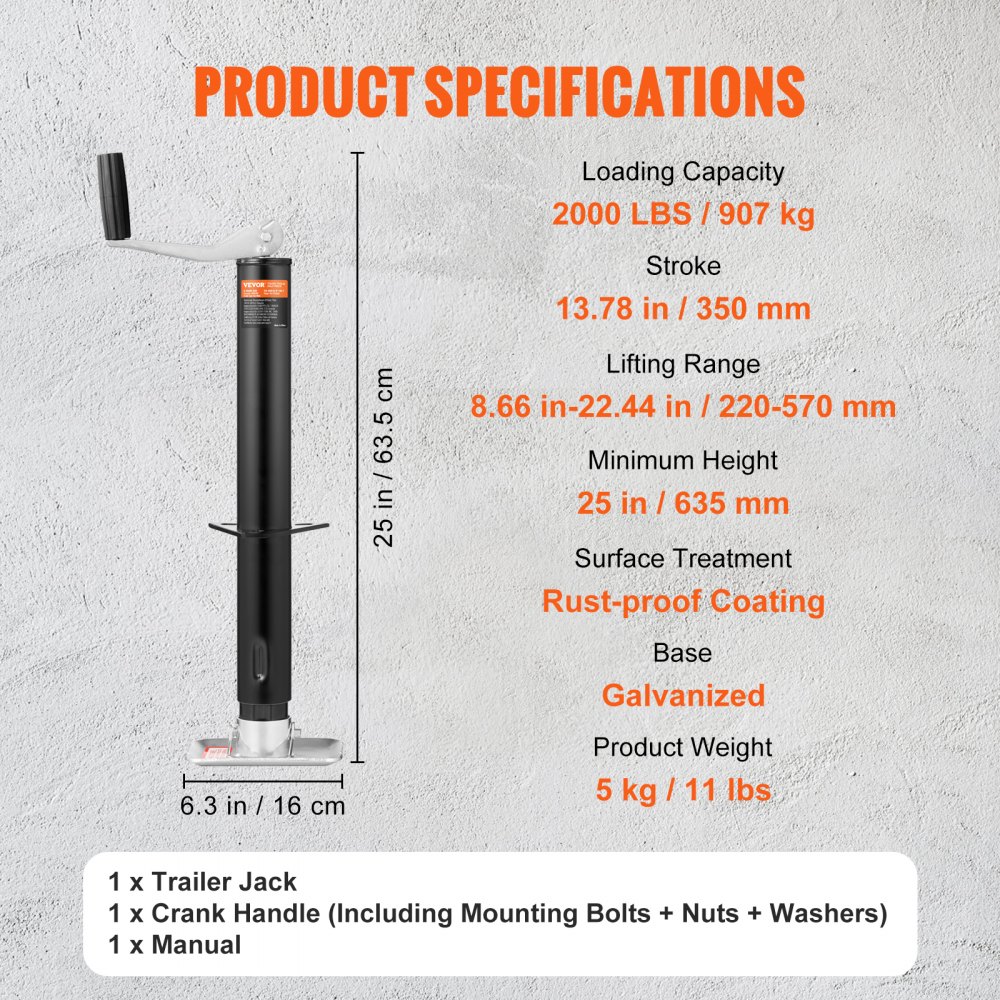 VEVOR Cric per rimorchio, martinetto per rimorchio telaio ad A imbullonato, capacità di peso 2000 libbre, cavalletto per rimorchio con maniglia per il sollevamento di rimorchi per camper, yacht