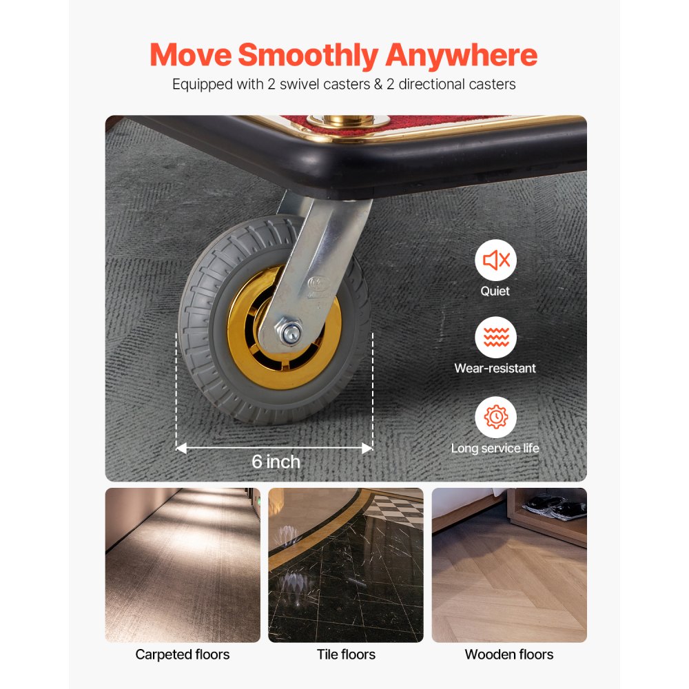 VEVOR Hotel Luggage Trolley, 500 kg Load Capacity, Stainless Steel Page Trolley with Curved Posts, Valet Parking Trolley with Red Carpet & 15 cm Rubber Wheels, Ideal for Hotels, Condominiums, Resorts