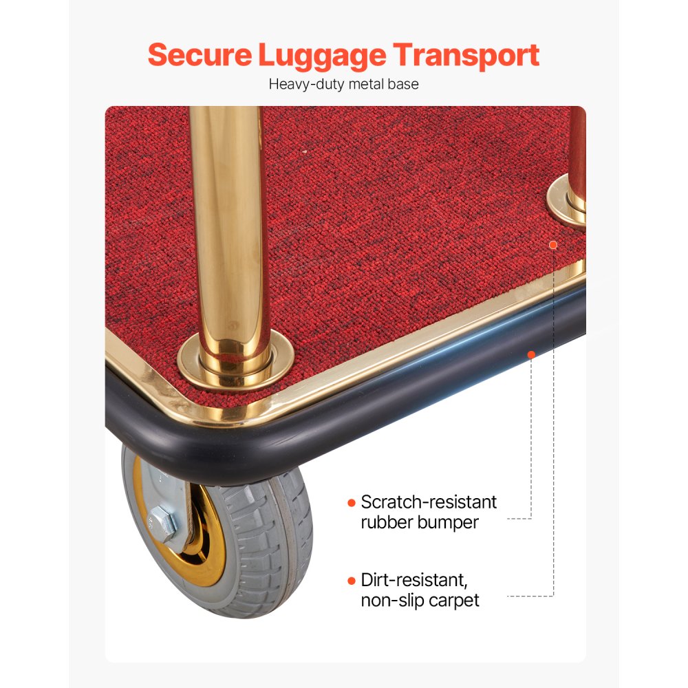 VEVOR Hotel Luggage Trolley, 500 kg Load Capacity, Stainless Steel Page Trolley with Curved Posts, Valet Parking Trolley with Red Carpet & 15 cm Rubber Wheels, Ideal for Hotels, Condominiums, Resorts