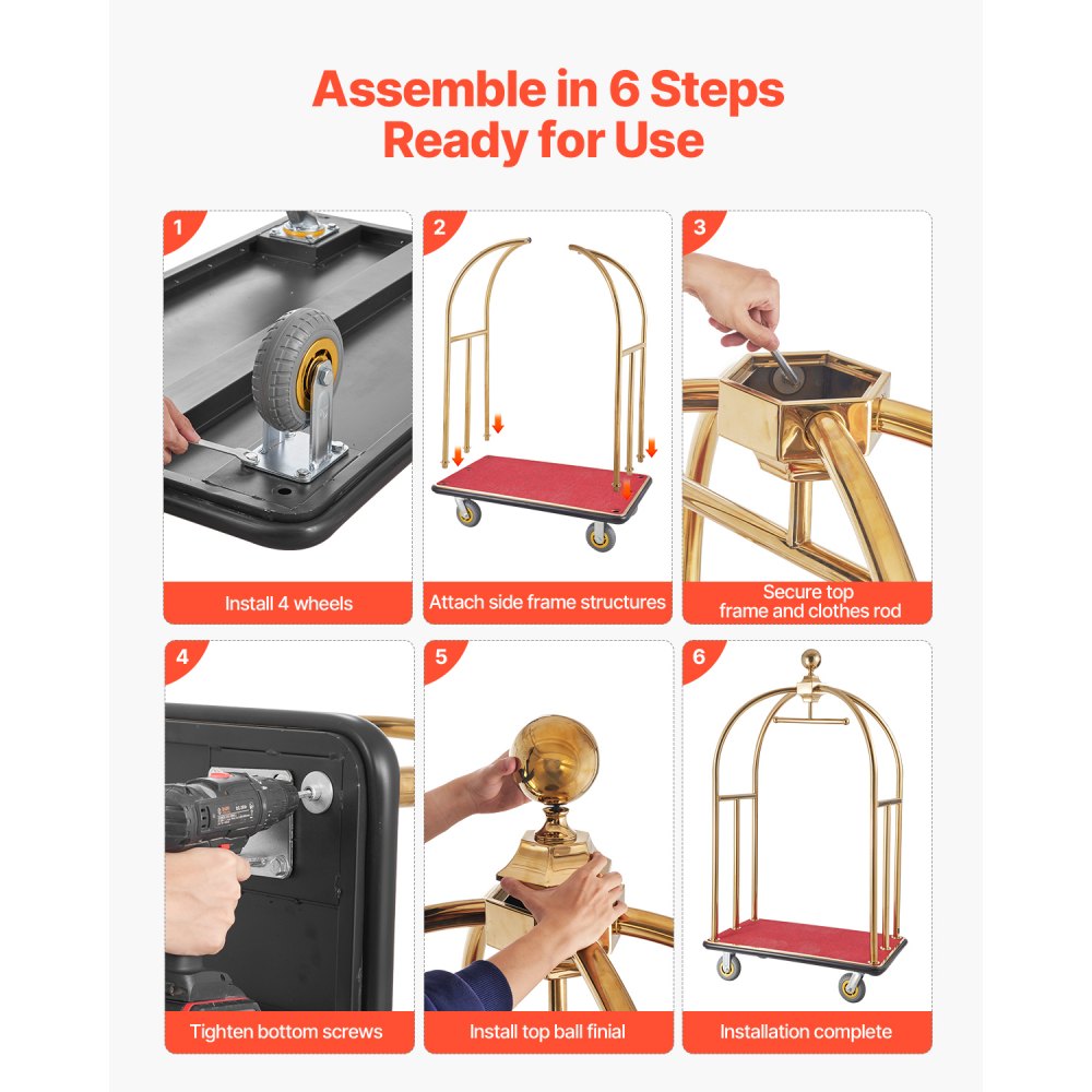 VEVOR Hotel Luggage Trolley, 500 kg Load Capacity, Stainless Steel Page Trolley with Curved Posts, Valet Parking Trolley with Red Carpet & 15 cm Rubber Wheels, Ideal for Hotels, Condominiums, Resorts