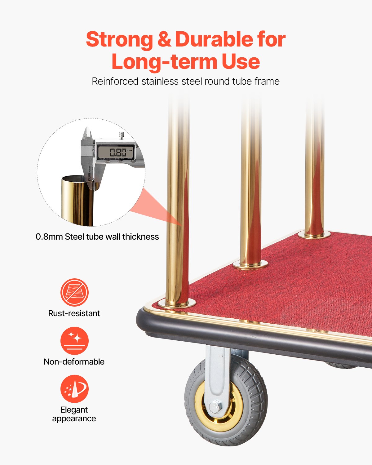 VEVOR Hotel Luggage Trolley, 500 kg Load Capacity, Stainless Steel Page Trolley with Curved Posts, Valet Parking Trolley with Red Carpet & 15 cm Rubber Wheels, Ideal for Hotels, Condominiums, Resorts