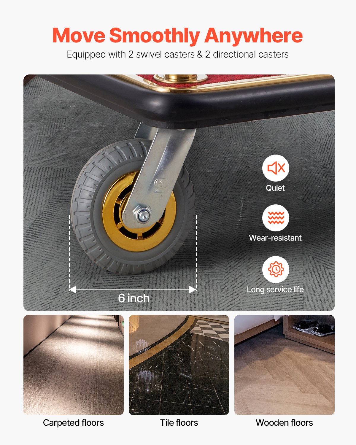 VEVOR Hotel Luggage Trolley, 500 kg Load Capacity, Stainless Steel Page Trolley with Curved Posts, Valet Parking Trolley with Red Carpet & 15 cm Rubber Wheels, Ideal for Hotels, Condominiums, Resorts