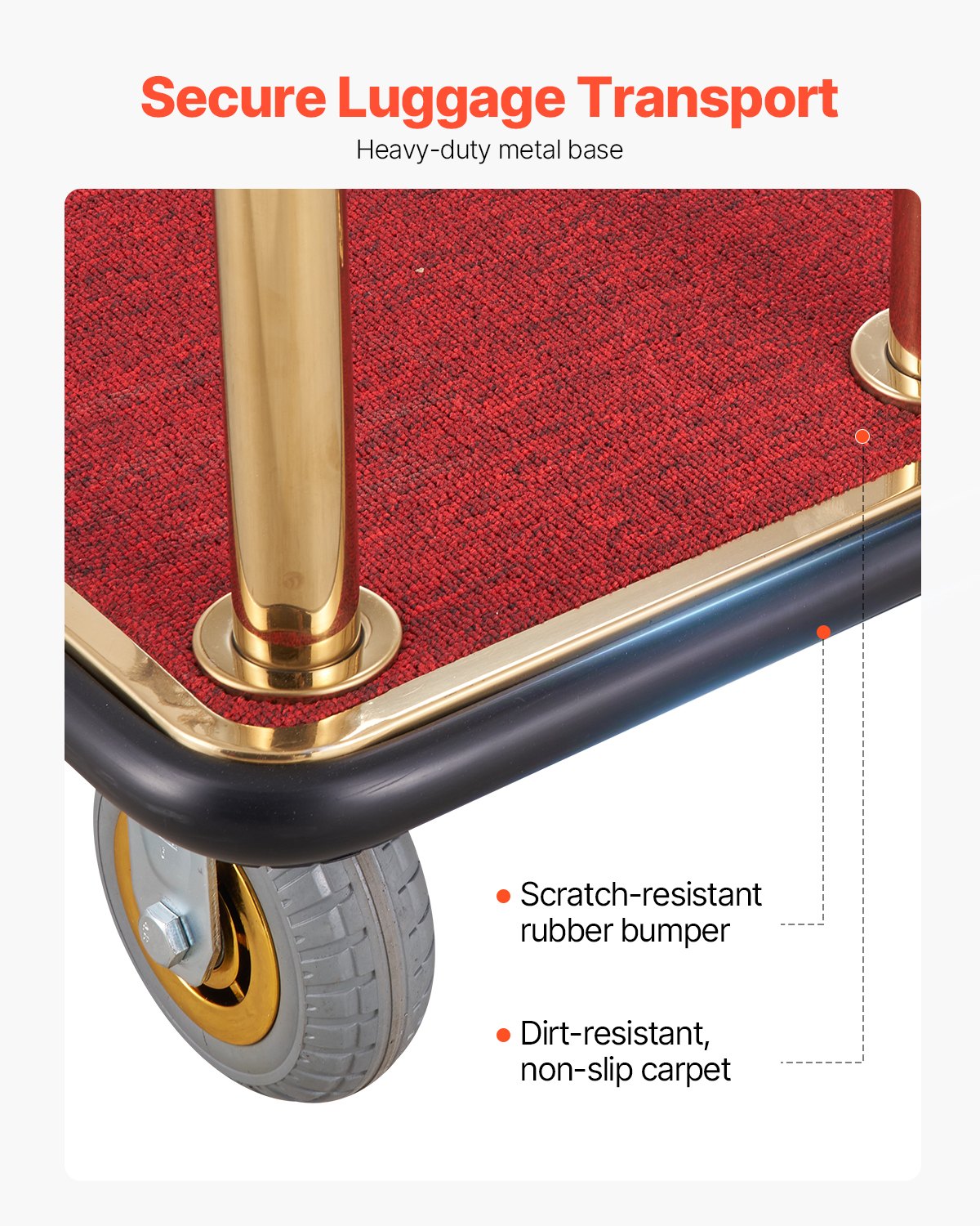 VEVOR Hotel Luggage Trolley, 500 kg Load Capacity, Stainless Steel Page Trolley with Curved Posts, Valet Parking Trolley with Red Carpet & 15 cm Rubber Wheels, Ideal for Hotels, Condominiums, Resorts