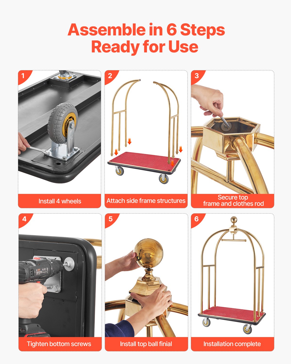 VEVOR Hotel Luggage Trolley, 500 kg Load Capacity, Stainless Steel Page Trolley with Curved Posts, Valet Parking Trolley with Red Carpet & 15 cm Rubber Wheels, Ideal for Hotels, Condominiums, Resorts