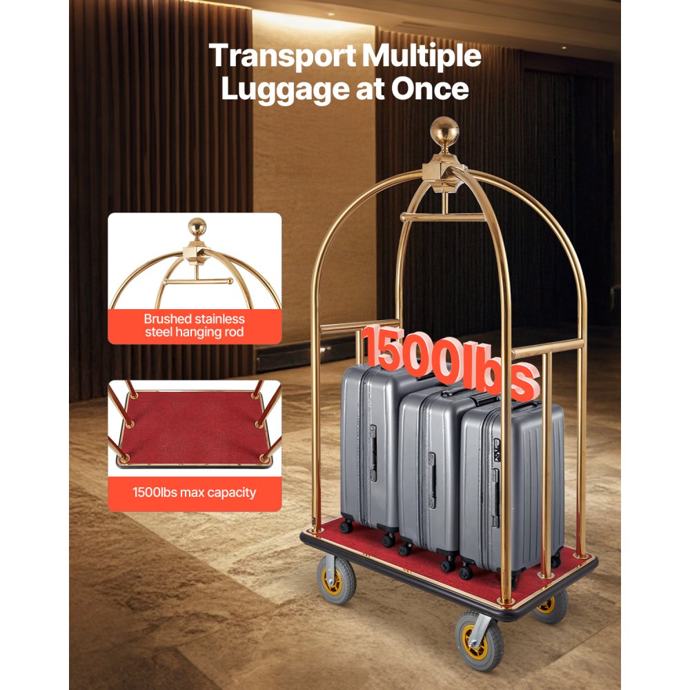 VEVOR Hotel Luggage Trolley, 680 kg Load Capacity, Bellhop Trolley with Curved Posts, Hotel Trolley, Luggage Trolley with Red Carpet and 20 cm Rubber Wheels, Ideal for Hotels, Condominiums, Resorts