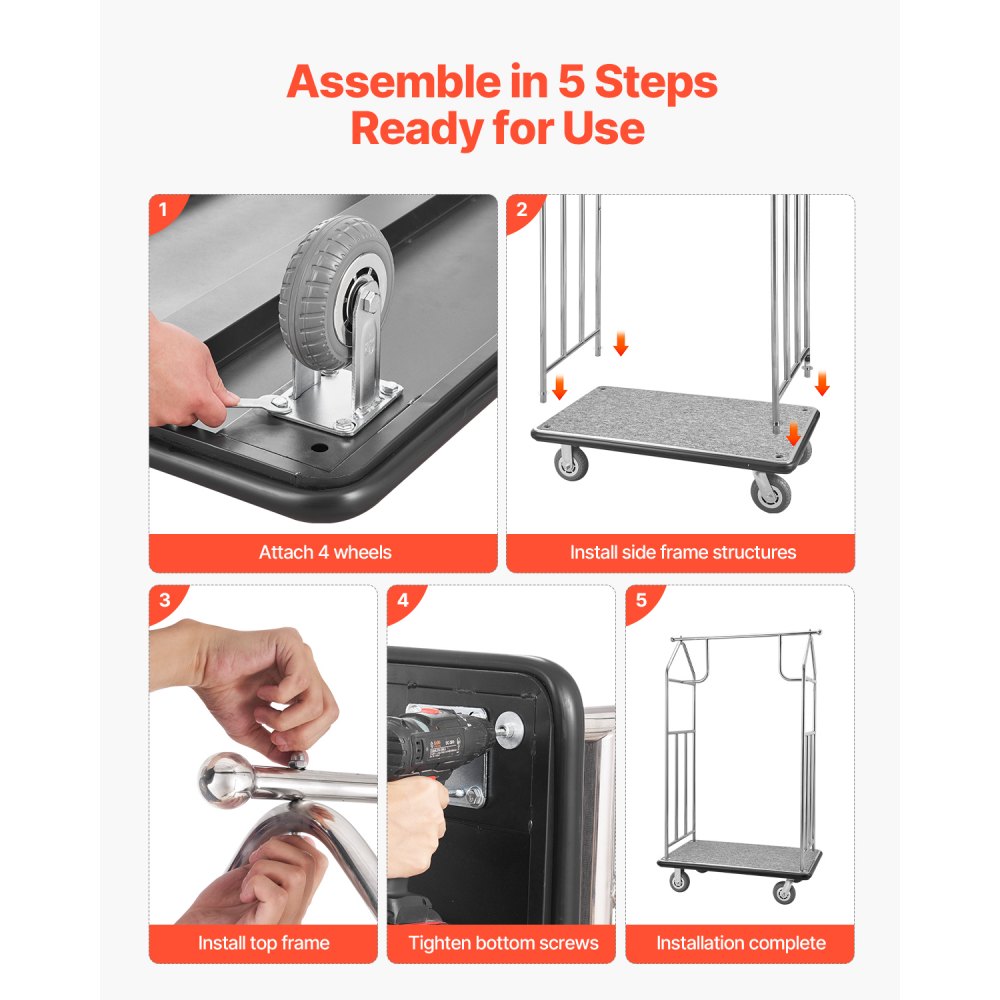 VEVOR Hotel Luggage Trolley, 362 kg Load Capacity, Stainless Steel Luggage Trolley, Porter's Trolley with Gray Carpet and 15 cm Rubber Wheels, Ideal for Hotels, Condominiums, Resorts, Silver