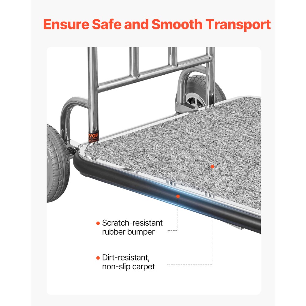 VEVOR luggage trolley, 272 kg load capacity, 3-wheeled stainless steel luggage trolley, suitcase trolley with gray carpet floor & rubber wheels, ideal for convention centers, hotels, rental properties, silver, 1080x640x1800mm