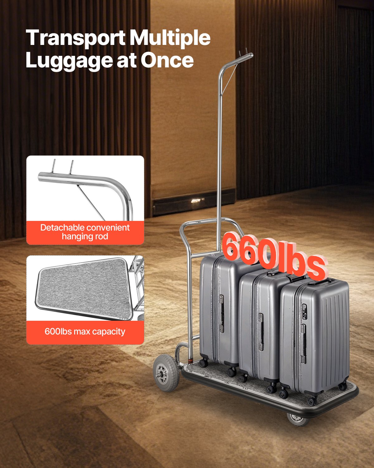 VEVOR luggage trolley, 272 kg load capacity, 3-wheeled stainless steel luggage trolley, suitcase trolley with gray carpet floor & rubber wheels, ideal for convention centers, hotels, rental properties, silver, 1080x640x1800mm