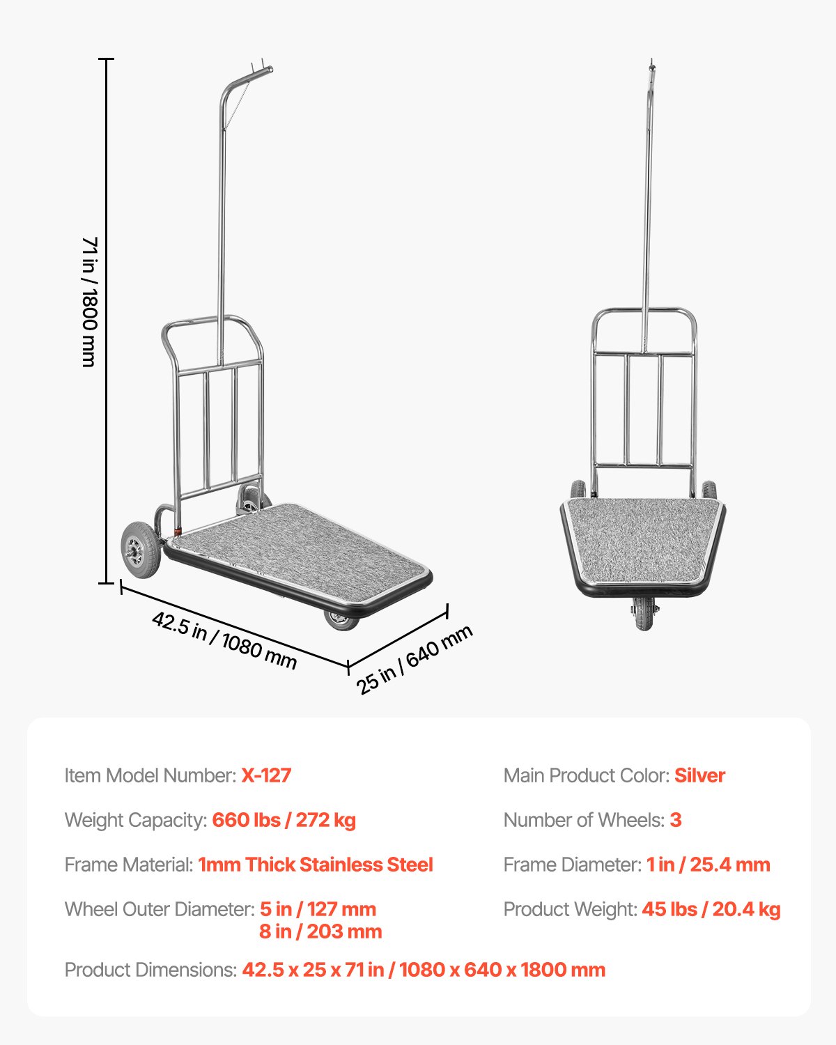VEVOR luggage trolley, 272 kg load capacity, 3-wheeled stainless steel luggage trolley, suitcase trolley with gray carpet floor & rubber wheels, ideal for convention centers, hotels, rental properties, silver, 1080x640x1800mm