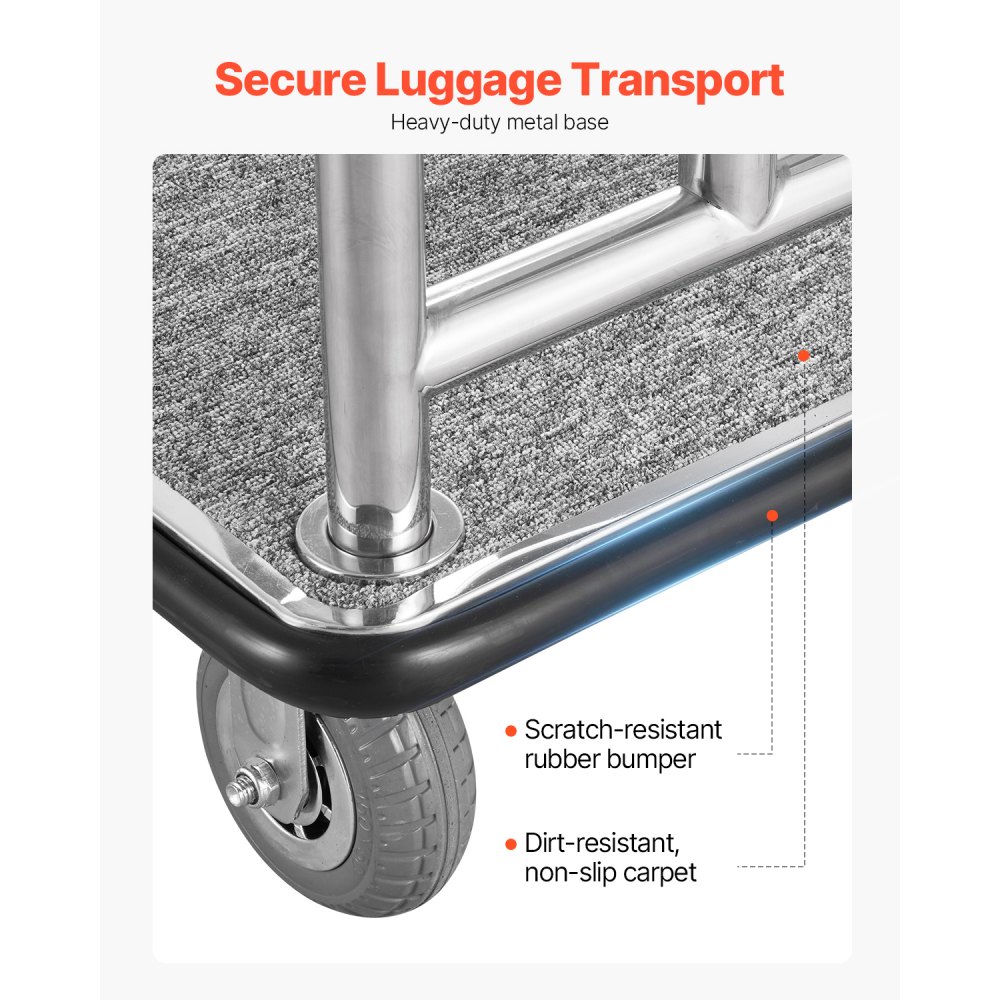 VEVOR Carrello Portavaligie per Hotel, Carico 340 kg Carrello Trasporto Portavaligie con Telaio Anteriore Rimovibile, Ponte in Moquette Grigia e Ruote in Gomma 152,4 mm per Hotel, Condomini, Resort