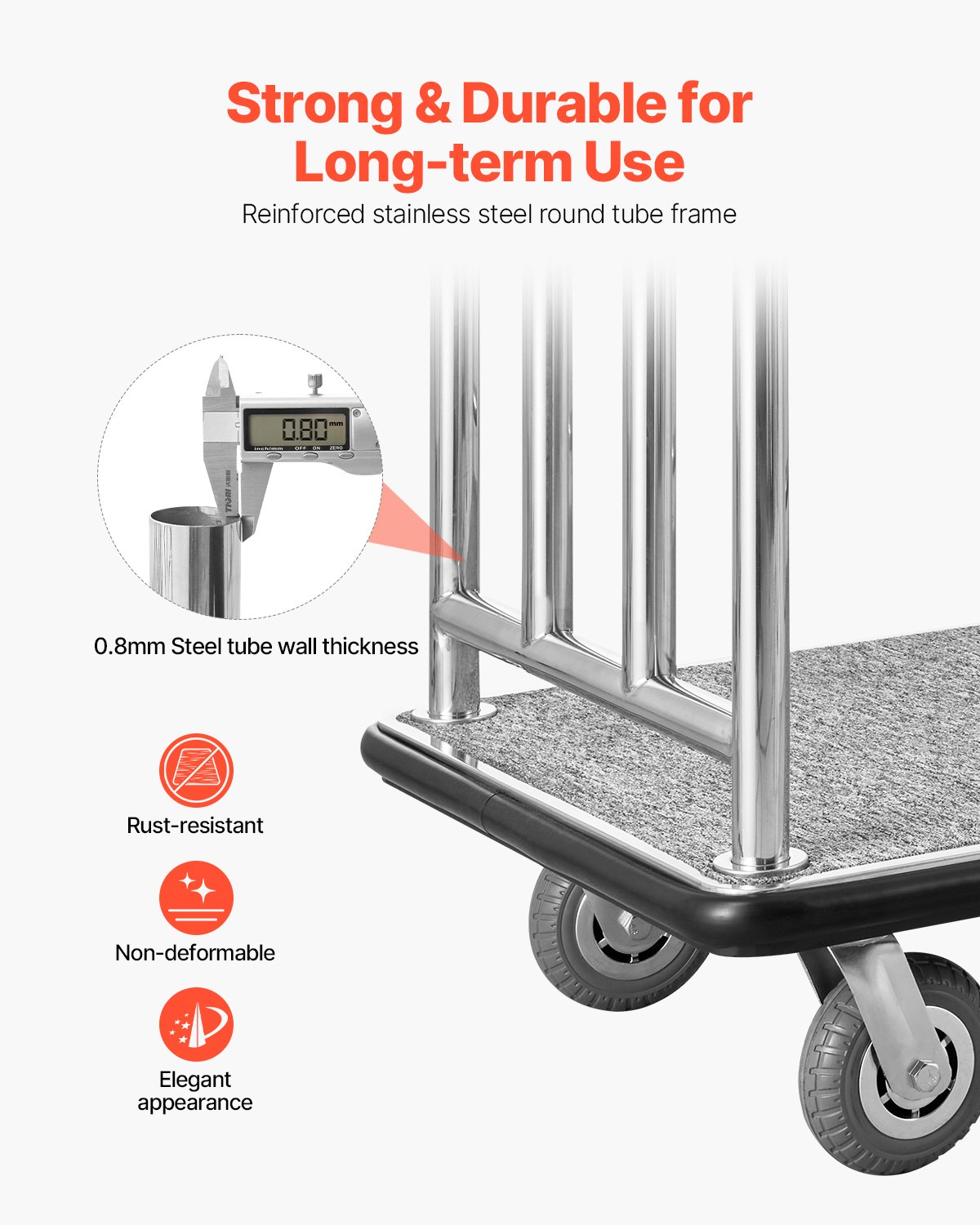 VEVOR Carrello Portavaligie per Hotel, Carico 340 kg Carrello Trasporto Portavaligie con Telaio Anteriore Rimovibile, Ponte in Moquette Grigia e Ruote in Gomma 152,4 mm per Hotel, Condomini, Resort