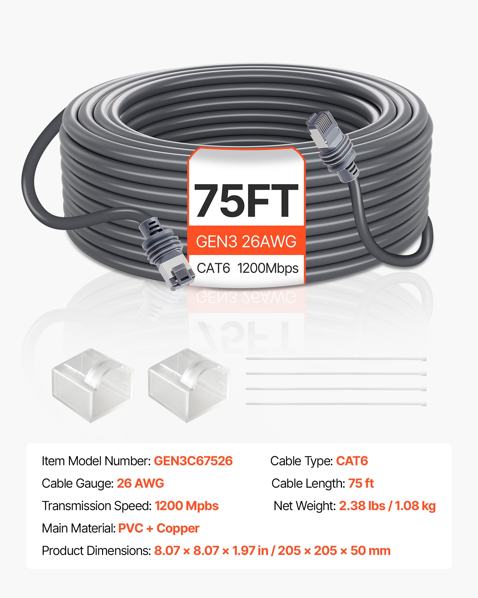 VEVOR Starlink Gen 3 Cable,22.86 m, 26 AWG Copper Core, Durable Extension Cable for Standard Generation 3, Compatible with Starlink Rectangular Satellite V3, Flexible Wiring for RV, Backyard, Camping