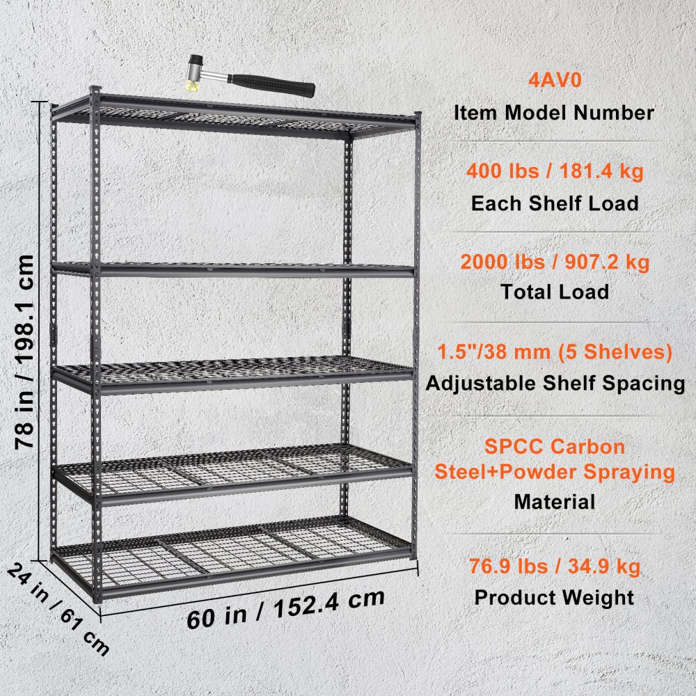 VEVOR Scaffale portaoggetti, 5 Ripiani Regolabili 2000 libbre, Scaffale Metallico Organizzatore in Metallo, Nero, 60" L x 24" L x 78" A per Cucina Dispensa Seminterrato Bagno Lavanderia Armadio