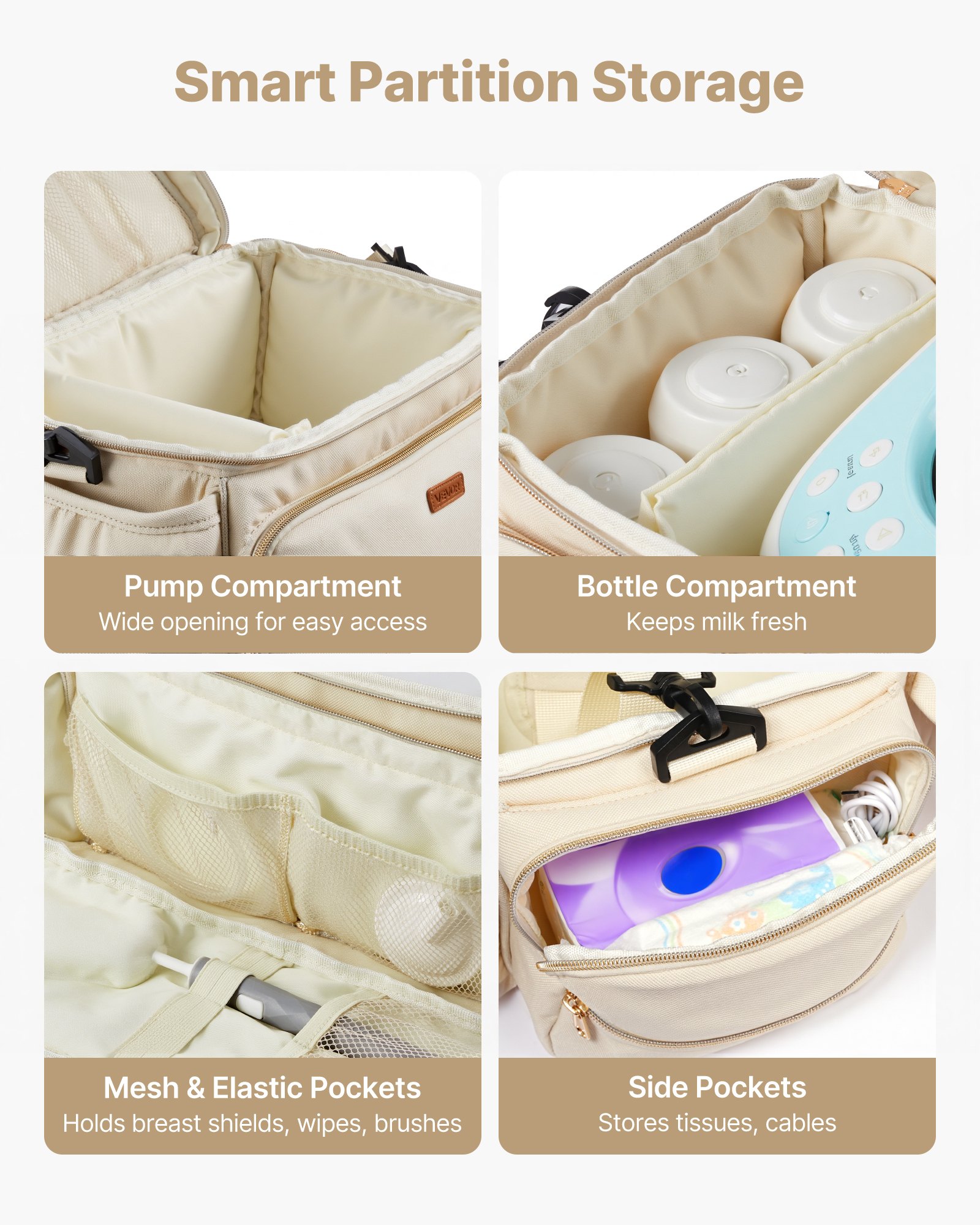 VEVOR Borsa per Tiralatte, Borsa per Biberon per S1/S2 con Tappetino Impermeabile, Accessori per l'Estrazione e Conservazione del Latte Materno, per Biberon di Latte per Lavoro, Viaggio, Beige