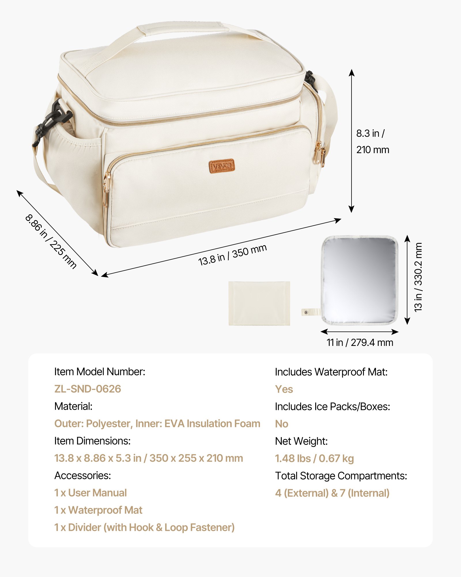 VEVOR Borsa per Tiralatte, Borsa per Biberon per S1/S2 con Tappetino Impermeabile, Accessori per l'Estrazione e Conservazione del Latte Materno, per Biberon di Latte per Lavoro, Viaggio, Beige