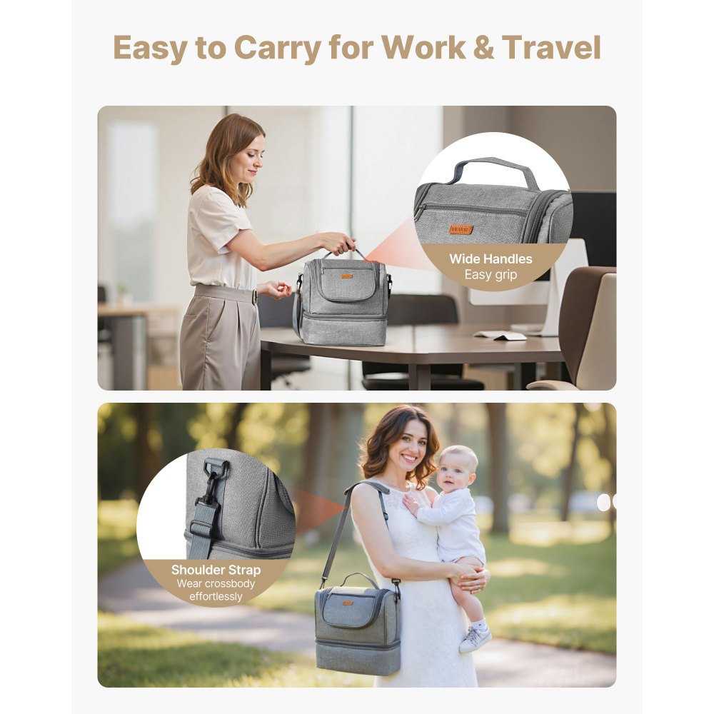 VEVOR Borsa per Tiralatte, Borsa per Biberon con Impacchi del Ghiaccio, Accessori per l'Estrazione e Conservazione del Latte Materno, per Biberon di Latte per Lavoro, Viaggio, Grigio