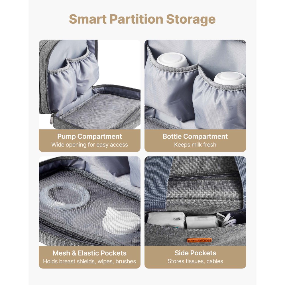 VEVOR Borsa per Tiralatte, Borsa per Biberon per M5/M6 con Impacchi del Ghiaccio, Accessori per l'Estrazione e Conservazione del Latte Materno, per Biberon di Latte per Lavoro, Viaggio, Grigio