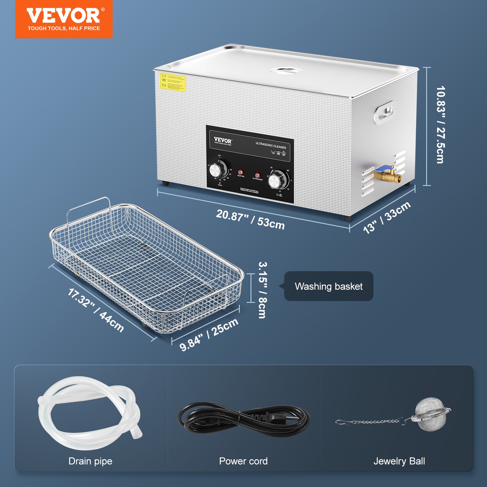 VEVOR Pulitore ad Ultrasuoni 22L con Timer Riscaldante Cestello, Macchina Digitale a Cavitazione Sonica, Pulitrice Ultrasuoni 480 W per Strumenti di Orologi, Occhiali, Monete, Utensili Metallici