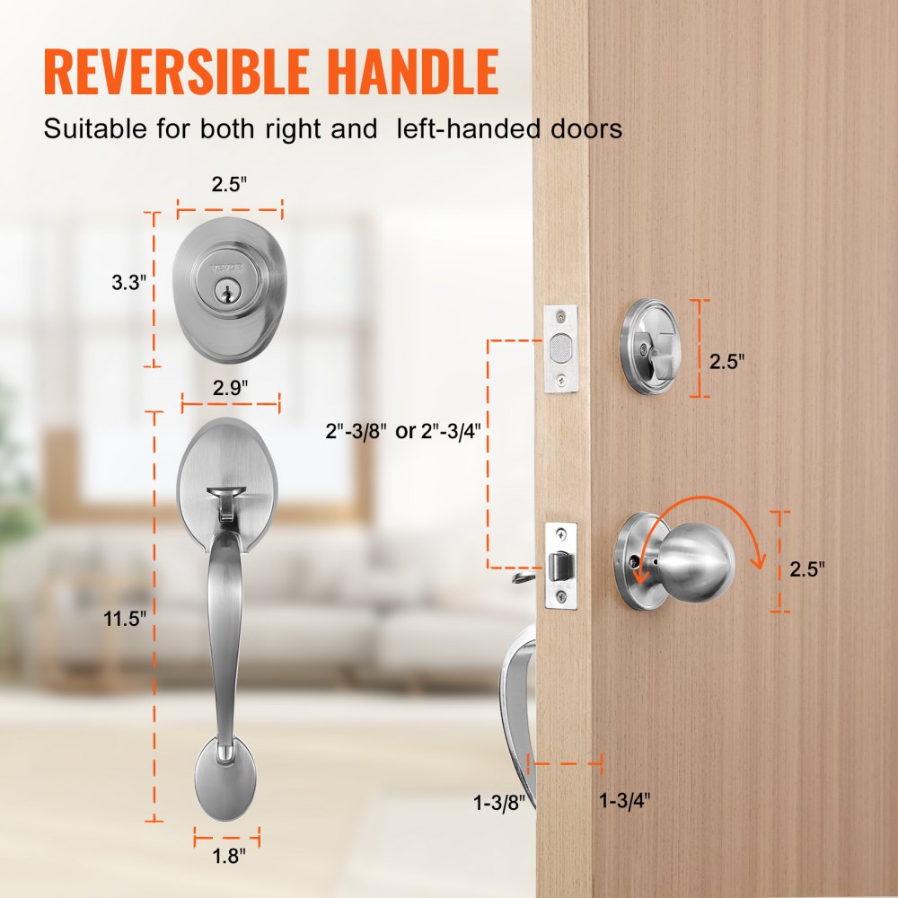 VEVOR front door handle and bolt set, front door lock set made of satin nickel with interior knob, adjustable hole spacing, single cylinder handle set, for right- and left-handed entrance and front doors