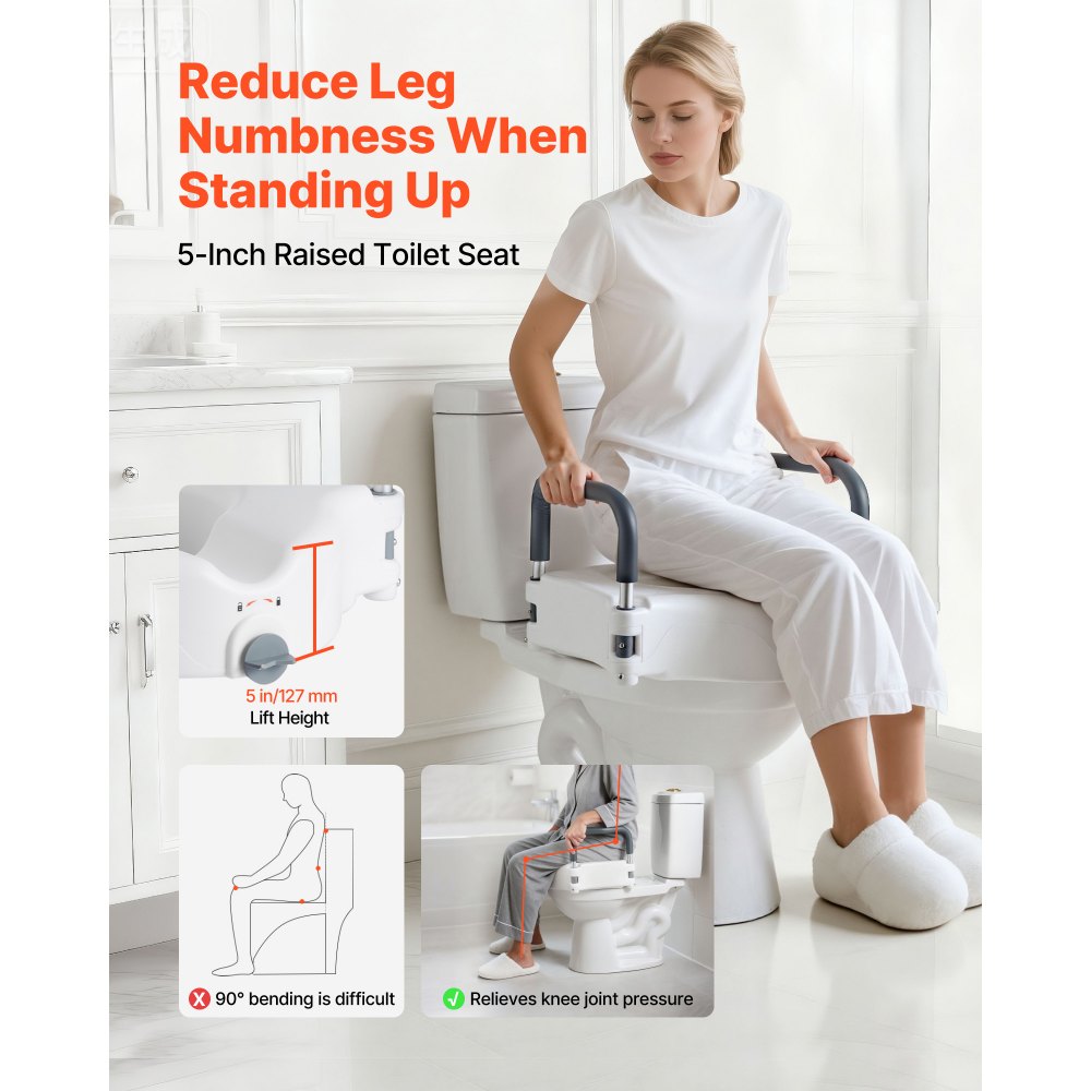 VEVOR Sedile WC Rialzato da Bagno con Braccioli Imbottiti, Capacità di Carico di 136 kg e Altezza di Sollevamento di 127 mm, Sedile WC Rialzato Universale per Anziani, Disabili, Donne Incinte