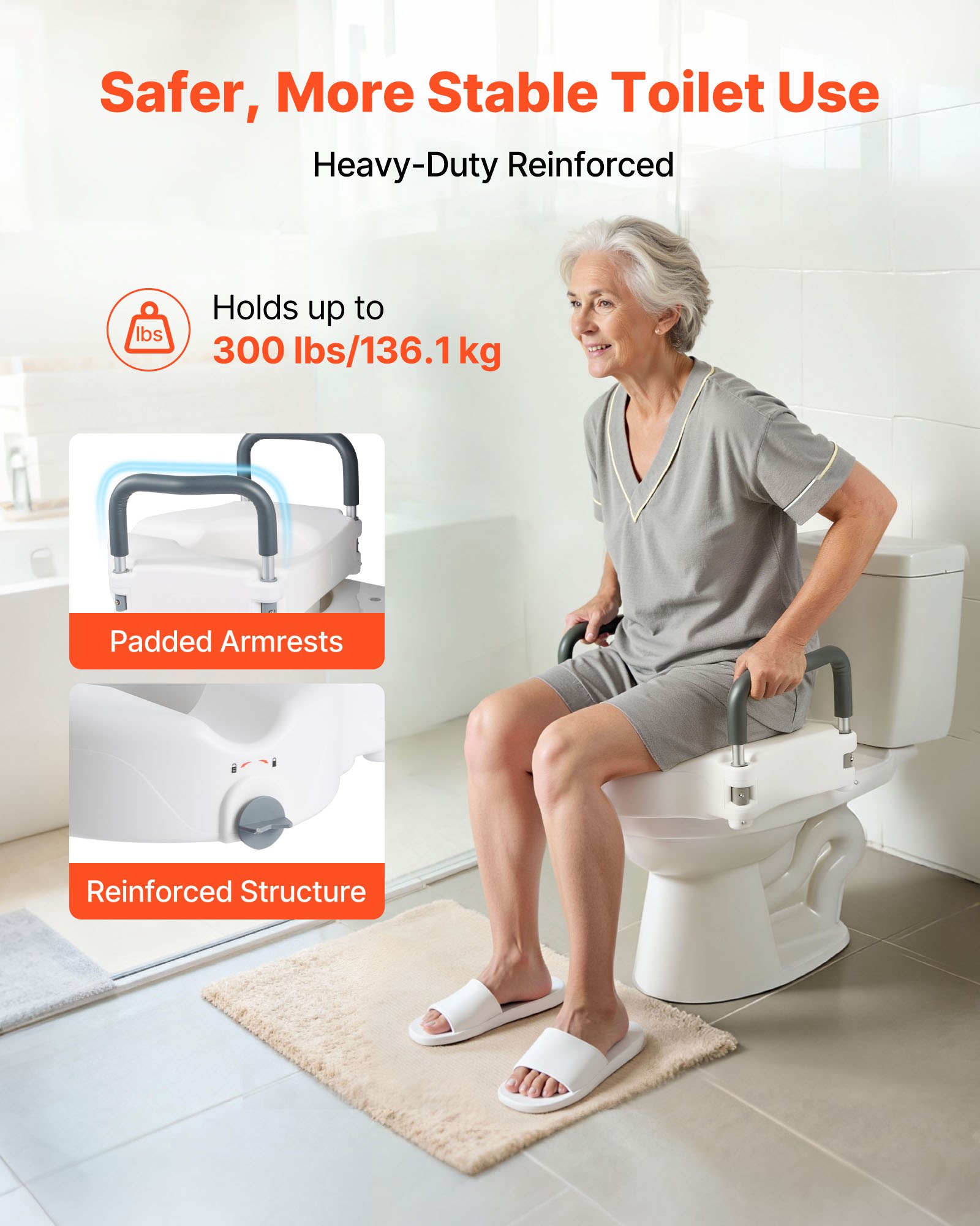 VEVOR Sedile WC Rialzato da Bagno con Braccioli Imbottiti, Capacità di Carico di 136 kg e Altezza di Sollevamento di 127 mm, Sedile WC Rialzato Universale per Anziani, Disabili, Donne Incinte