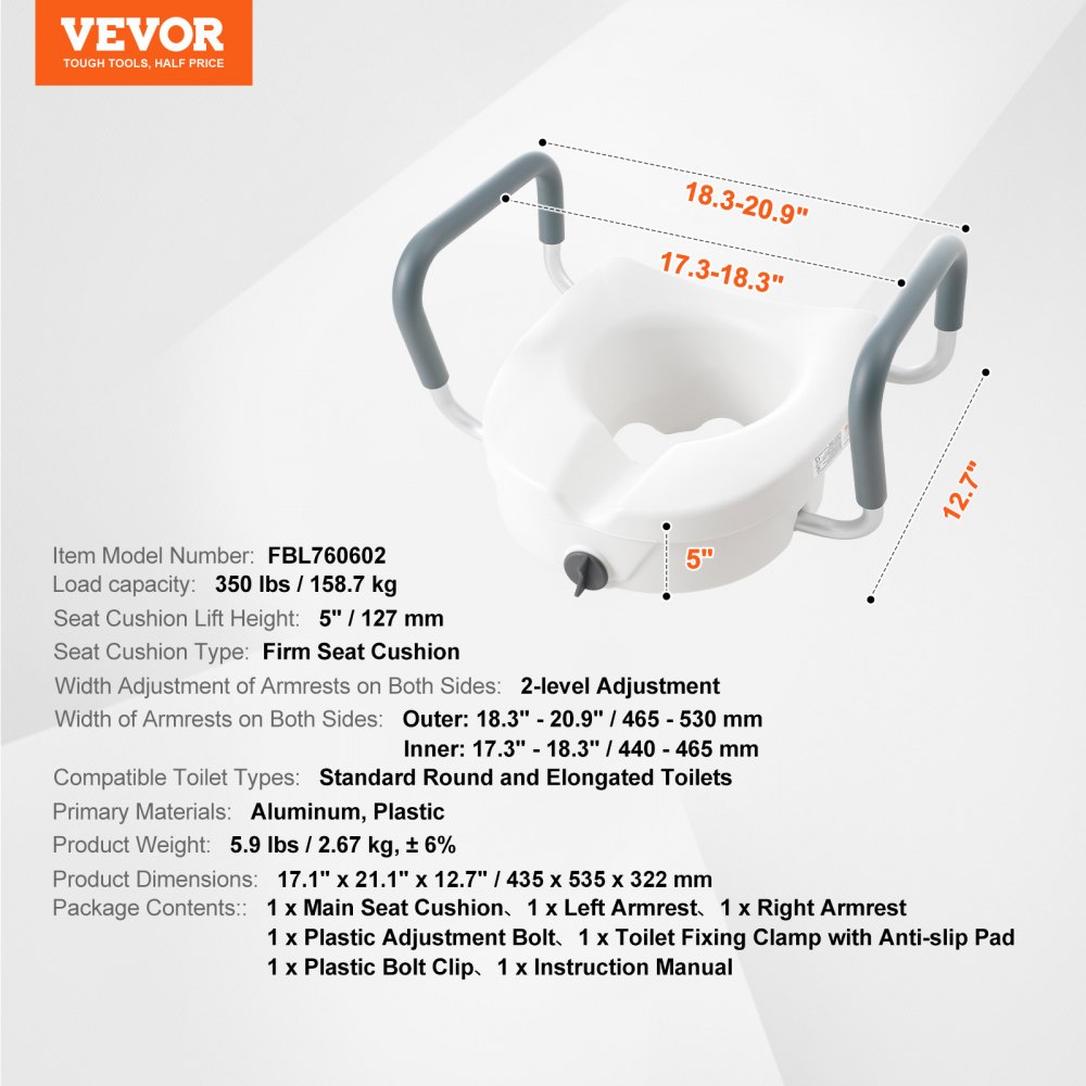 VEVOR Sedile WC Rialzato 435 x 535 x 340 mm Rialzo per WC Universale Altezza Rialzata 127 mm Capacità 158,7 kg per WC Rotondo, Allungato, Larghezza Regolabile, per Anziani, Disabili, Paziente, Incinta