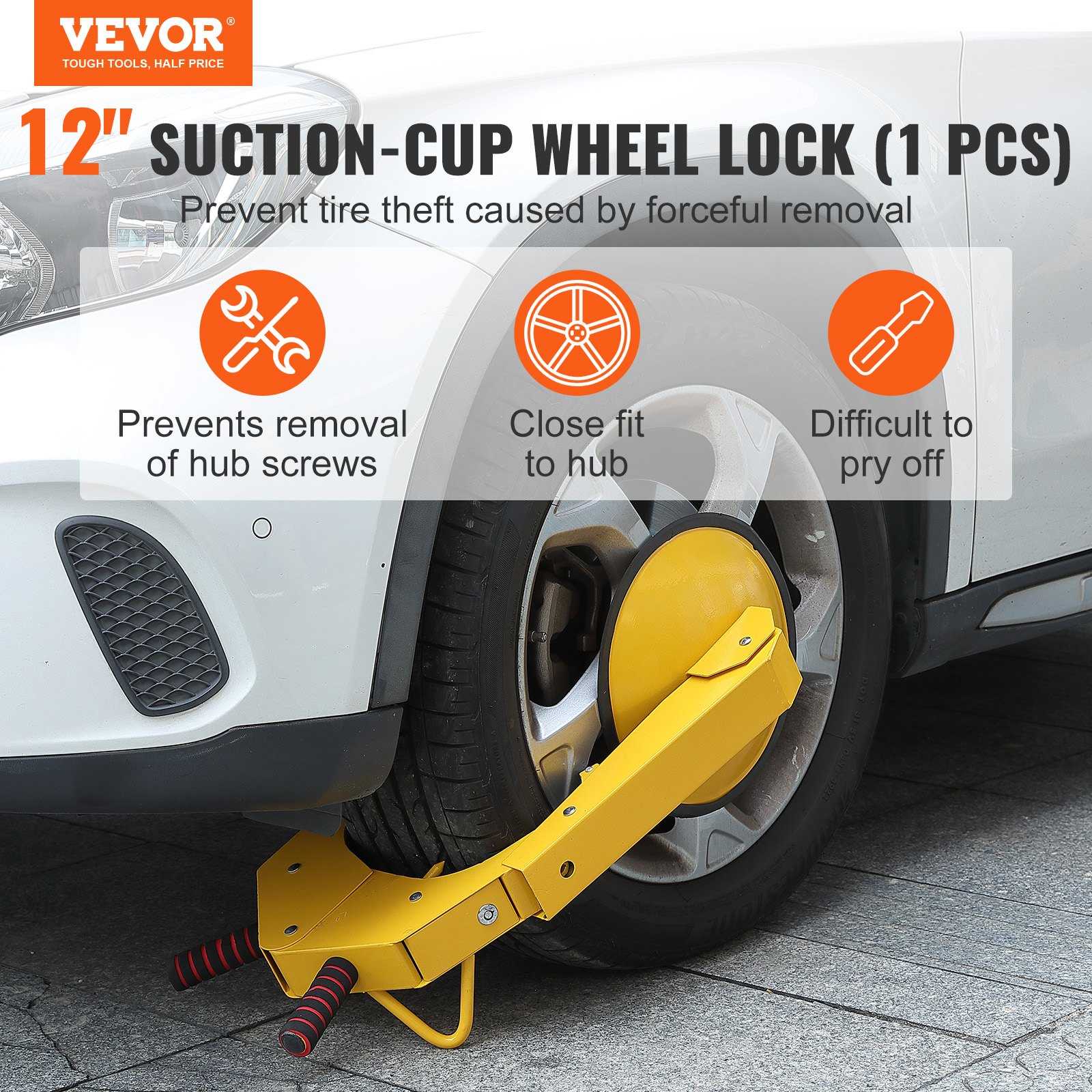 VEVOR Wheel Lock Car Clamp 1pc. Tire Lock, Fits 160-380 mm Wheel Diameter, Anti-Theft, Trailer Wheel Clamp with 30 cm Suction Cup, Parking Clamp for Cars, Trucks, SUVs, Campers, Boats, Yellow