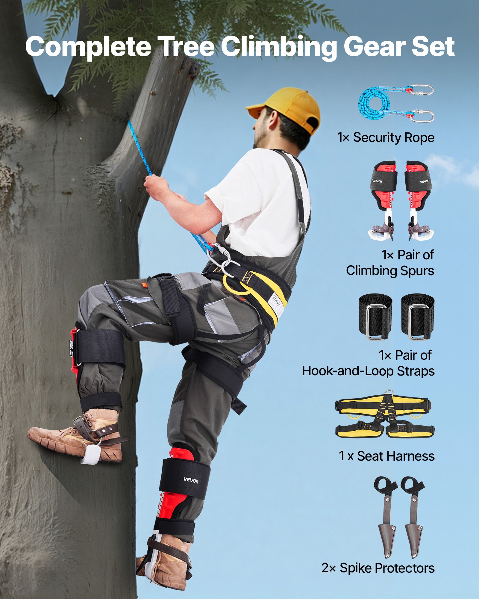 VEVOR Set per Arrampicata sugli Alberi, Regolabile in Altezza con Cinghie e Protezioni per Punte, Carico di 159 kg, Speroni da Arrampicata in Alluminio Resistenti, per la Raccolta della Frutta