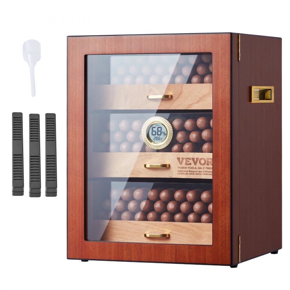 Humidor per sigari VEVOR con igrometro digitale, ripiani per sigari, maniglia laterale e pacchetti per il controllo dell'umidità.