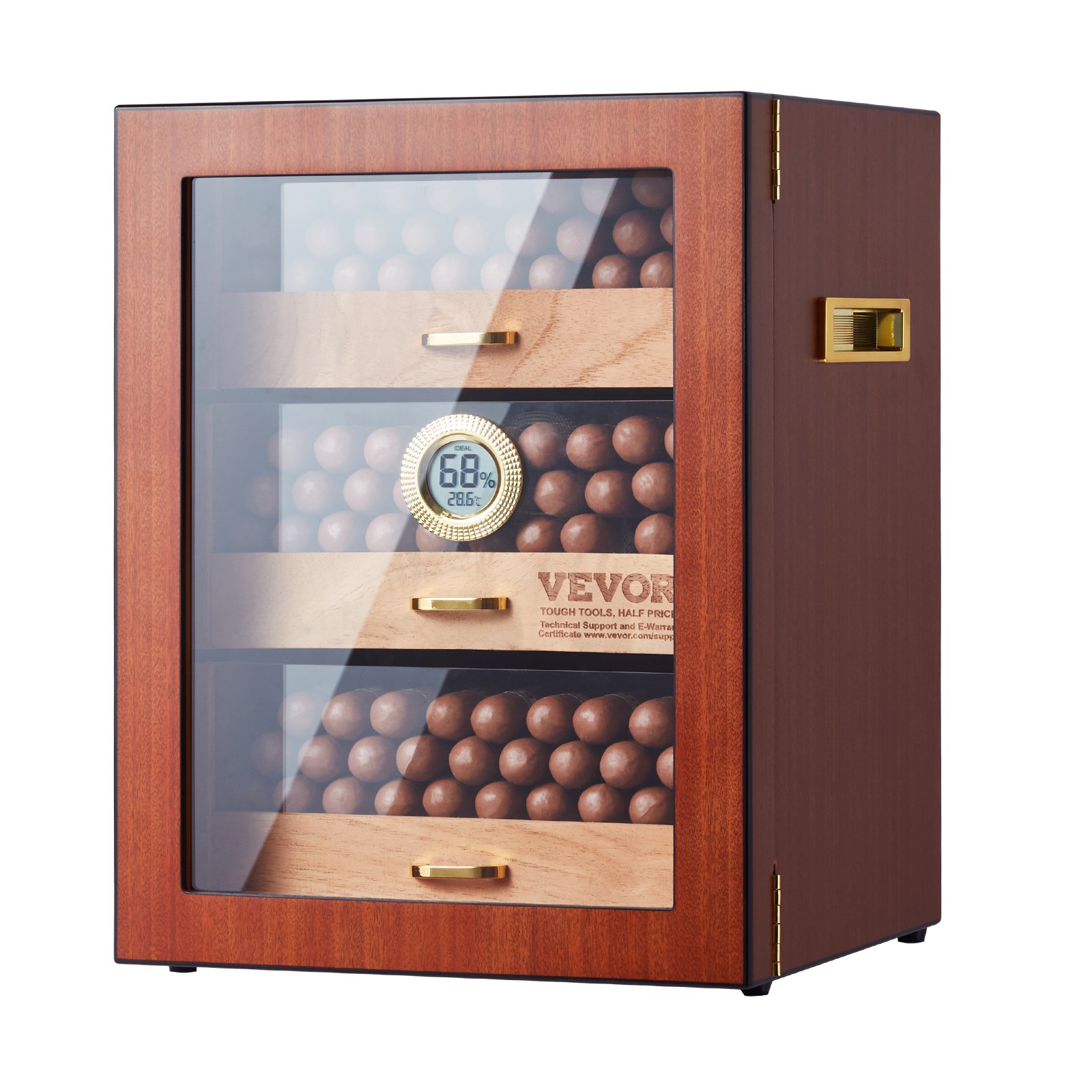 VEVOR Humidor per Sigari, Scatola Fatta a Mano in Legno di Cedro Spagnolo per 100-150 Sigari, Custodia da Tavolo in Vetro con Umidificatore Digitale, Igrometro, Ripiani e Maniglia, Regalo per Uomini