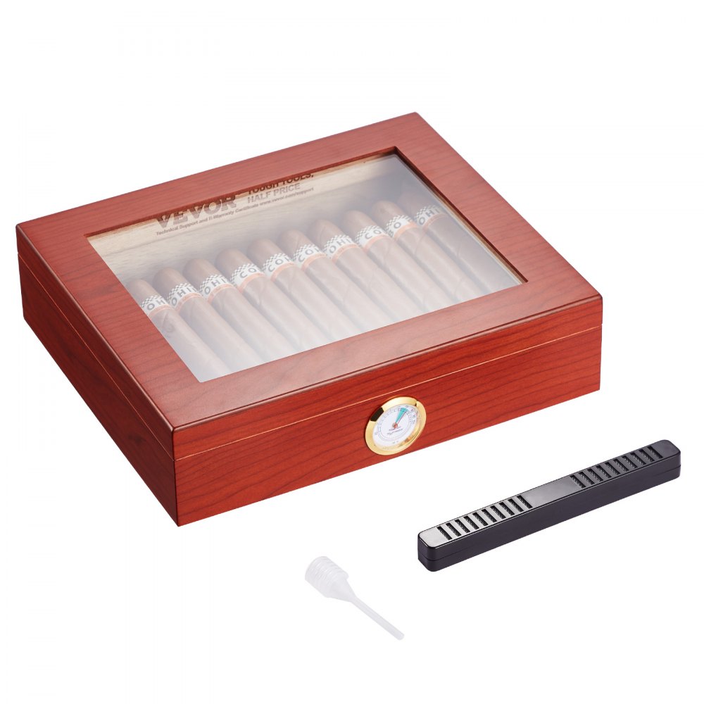 VEVOR Humidor per Sigari, Scatola Humidor con Piano in Vetro Legno di Cedro Spagnolo Fatto a Mano, Custodia per Sigari con Umidificatore, Igrometro e Divisore, 10-25 Sigari, Ottimo Regalo per Uomini