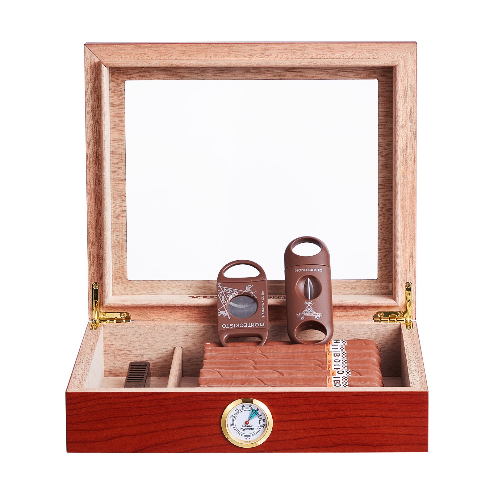 VEVOR Humidor per Sigari, Scatola Humidor con Piano in Vetro Legno di Cedro Spagnolo Fatto a Mano, Custodia per Sigari con Umidificatore, Igrometro e Divisore, 10-25 Sigari, Ottimo Regalo per Uomini
