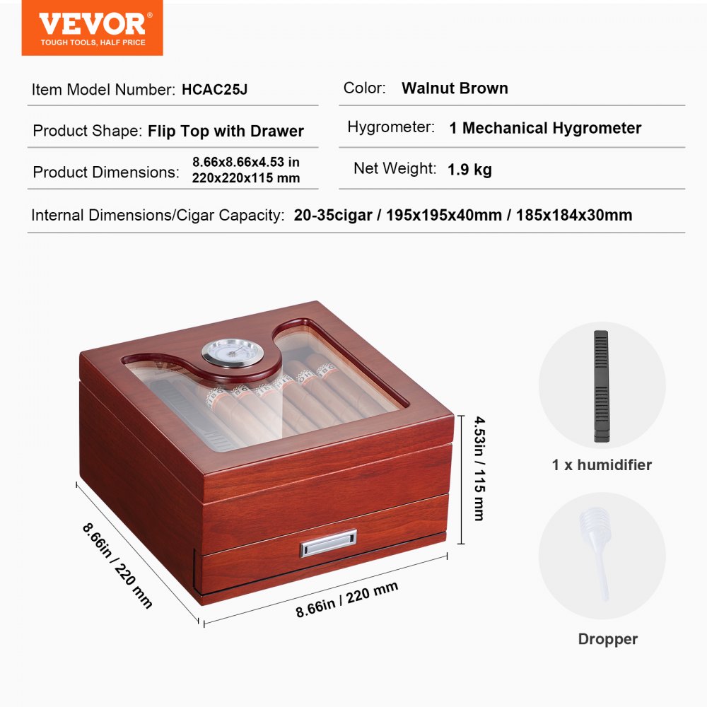 VEVOR Humidor per Sigari, Scatola Humidor con Piano in Vetro Legno di Cedro Spagnolo Fatto a Mano, Custodia per Sigari con Umidificatore, Igrometro e Divisore, 20-35 Sigari, Ottimo Regalo per Uomini