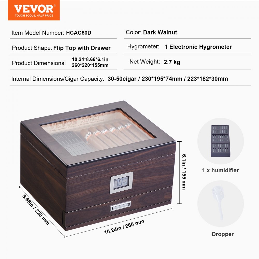 VEVOR Humidor per Sigari, Scatola Humidor con Piano in Vetro Legno di Cedro Spagnolo Fatto a Mano, Custodia per Sigari con Umidificatore Igrometro Divisore Cassetto 30-50 Sigari, Regalo per Uomini