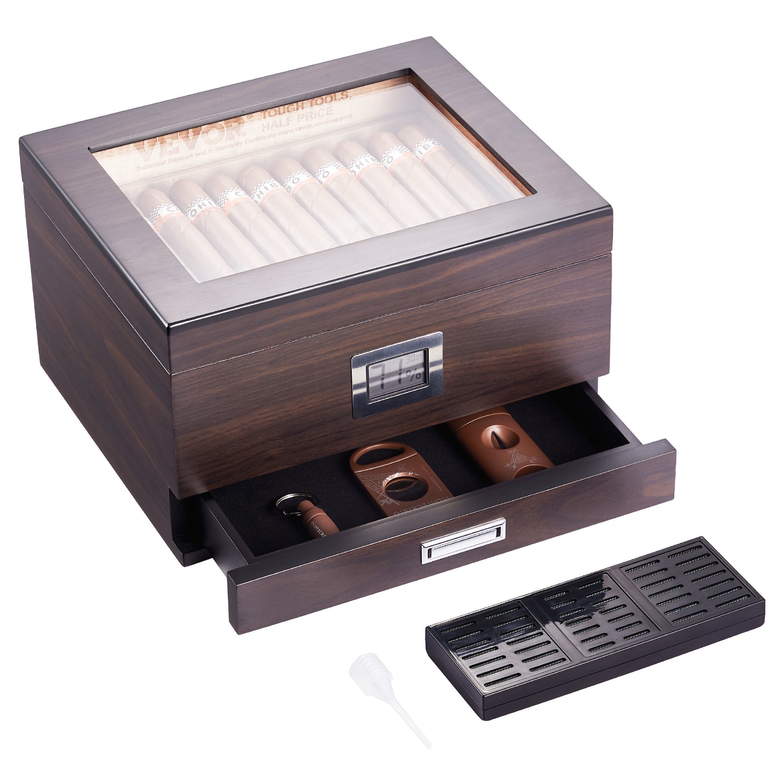 VEVOR Humidor per Sigari, Scatola Humidor con Piano in Vetro Legno di Cedro Spagnolo Fatto a Mano, Custodia per Sigari con Umidificatore Igrometro Divisore Cassetto 30-50 Sigari, Regalo per Uomini