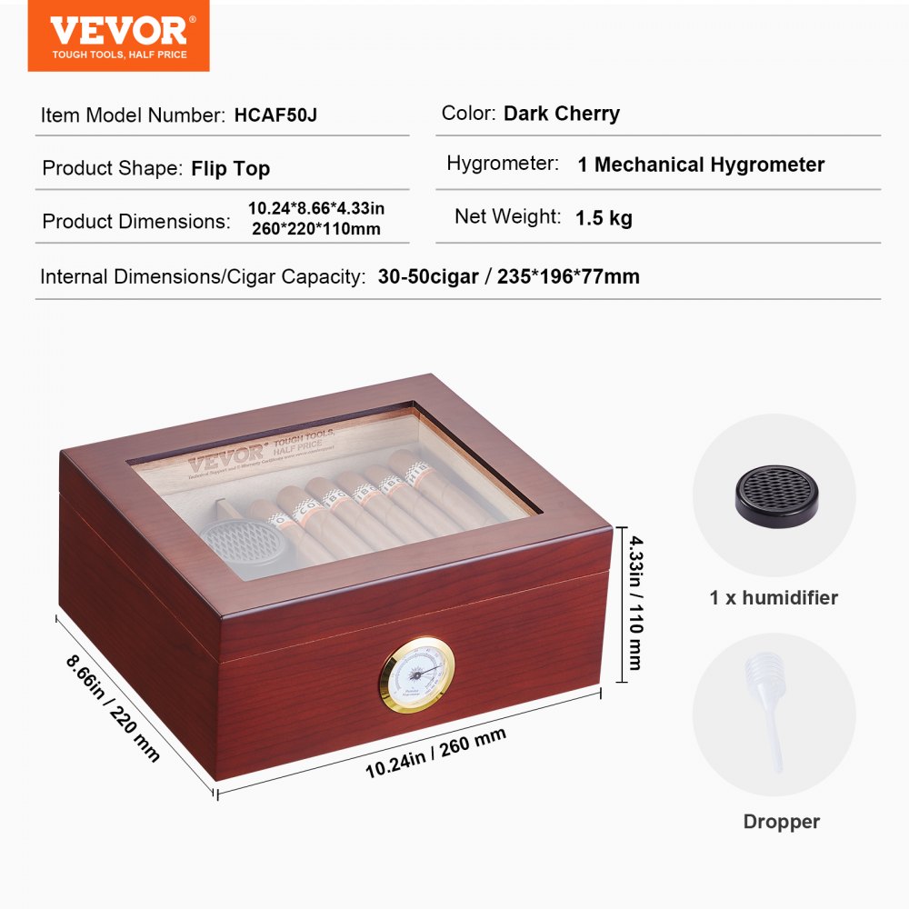 VEVOR Humidor per Sigari, Scatola Humidor con Piano in Vetro Legno di Cedro Spagnolo Fatto a Mano, Custodia per Sigari Scatola con Umidificatore Igrometro Divisore 30-50 Sigari, Regalo per Uomini