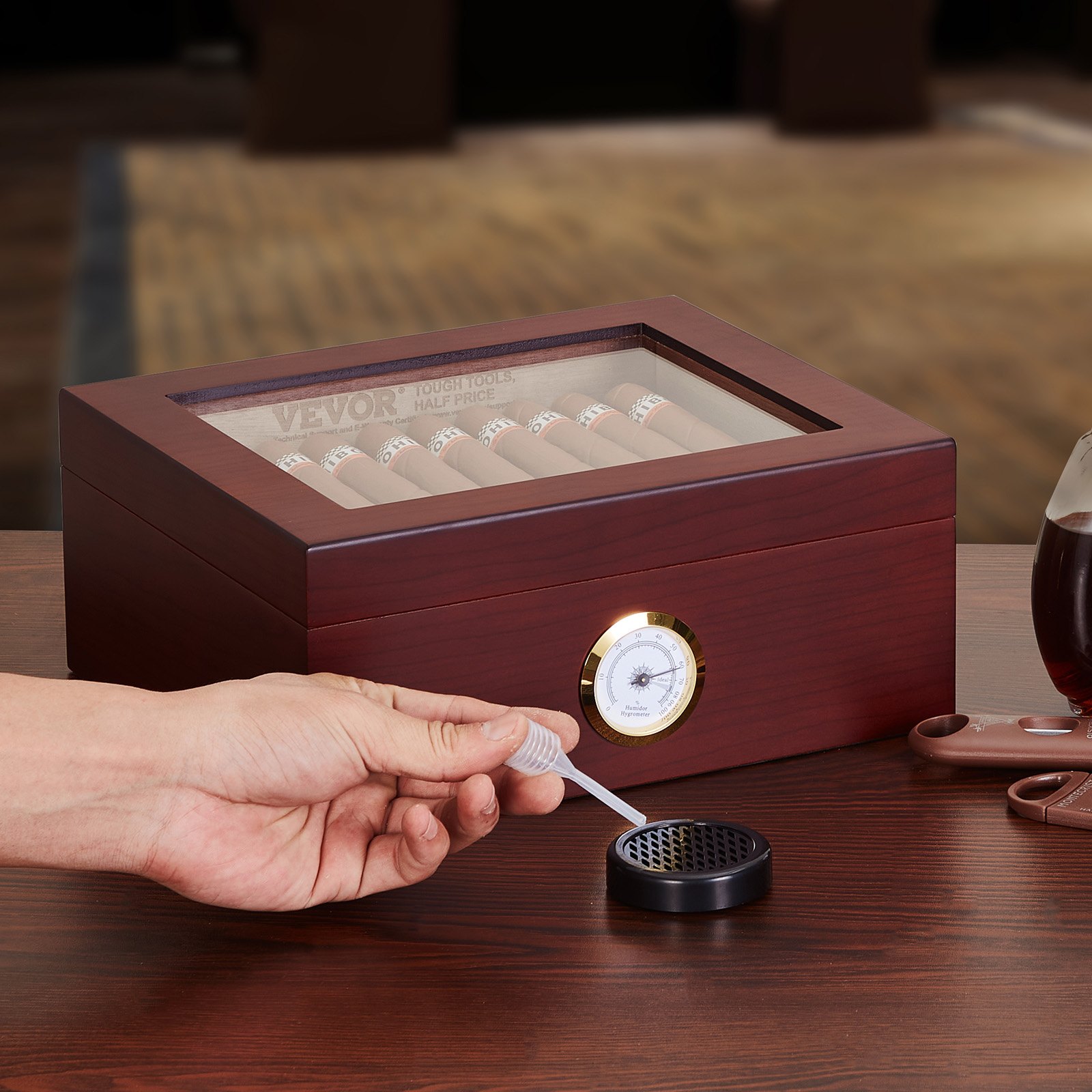 VEVOR Humidor per Sigari, Scatola Humidor con Piano in Vetro Legno di Cedro Spagnolo Fatto a Mano, Custodia per Sigari Scatola con Umidificatore Igrometro Divisore 30-50 Sigari, Regalo per Uomini